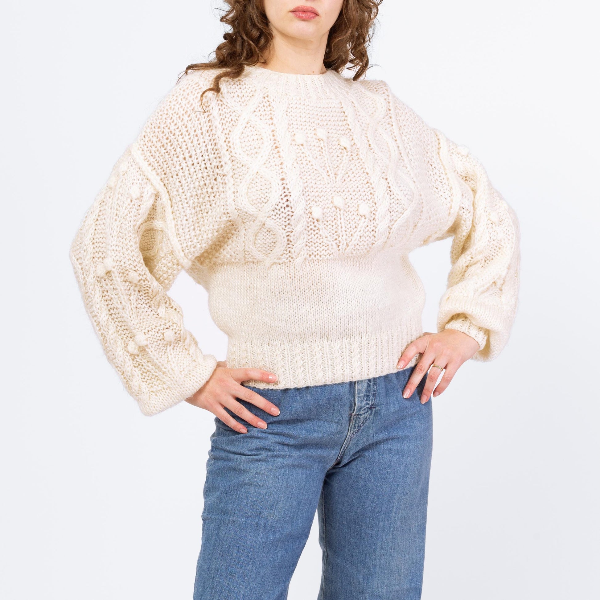 Vintage 90s White Cable Knit Balloon Sleeve Sweater - Medium | Chunky Bobble Knit Pullover