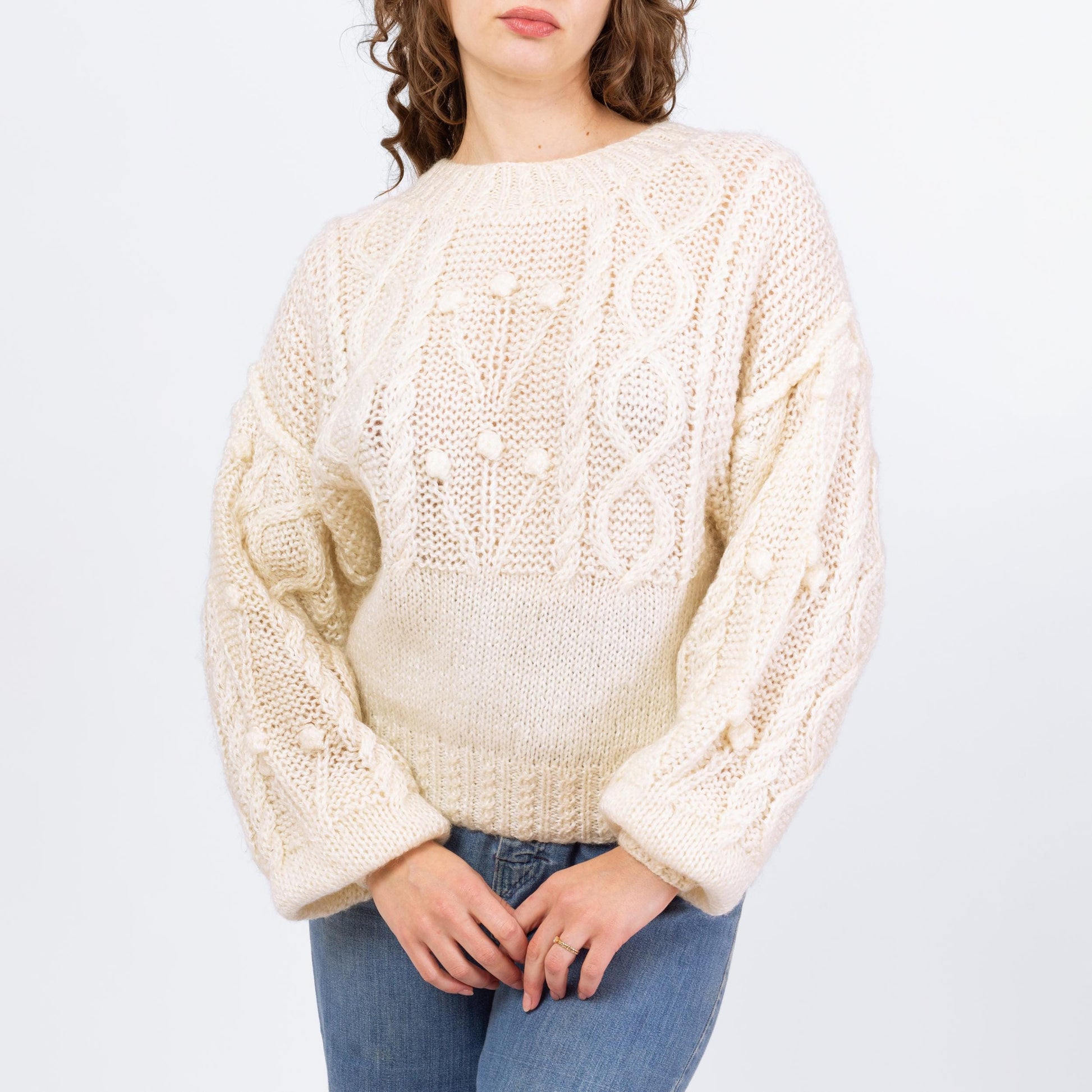 Vintage 90s White Cable Knit Balloon Sleeve Sweater - Medium | Chunky Bobble Knit Pullover