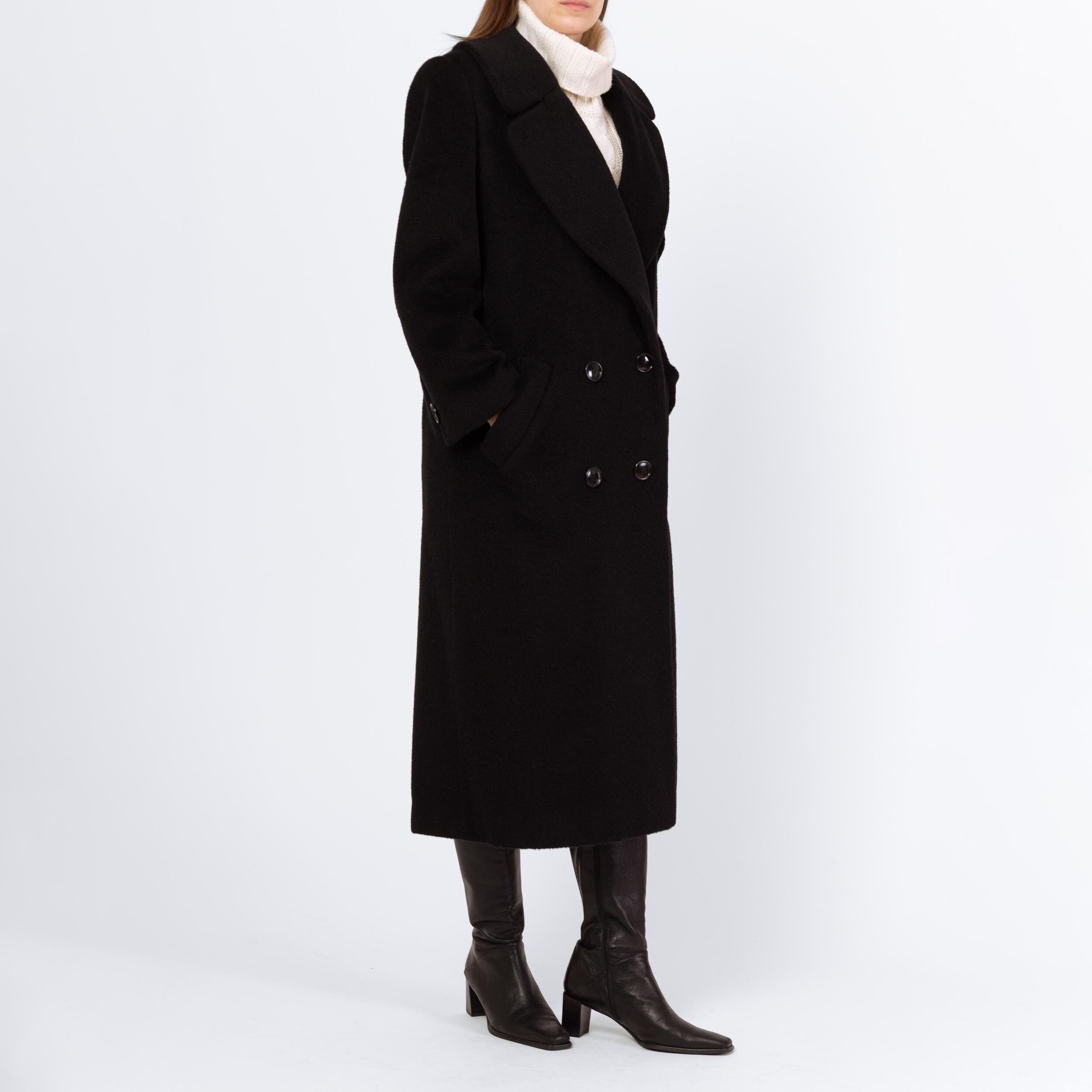 Vintage 80s Christian Dior Black Wool Double Breasted Overcoat