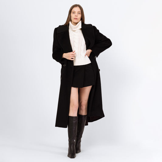 Vintage 80s Christian Dior Black Wool Double Breasted Overcoat - Small, Size 6 | Minimalist Button Up Long Winter Coat