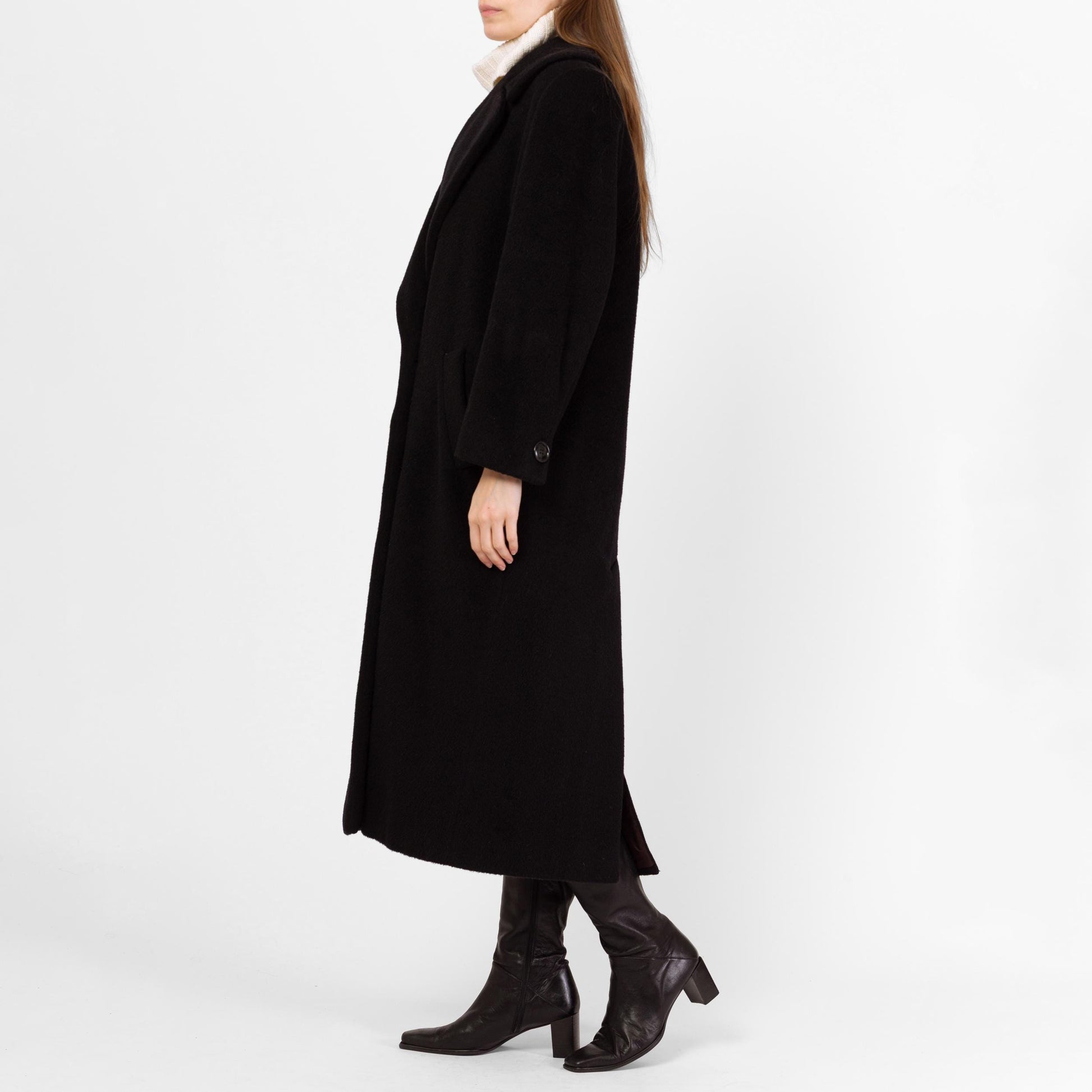 Vintage 80s Christian Dior Black Wool Double Breasted Overcoat - Small, Size 6 | Minimalist Button Up Long Winter Coat