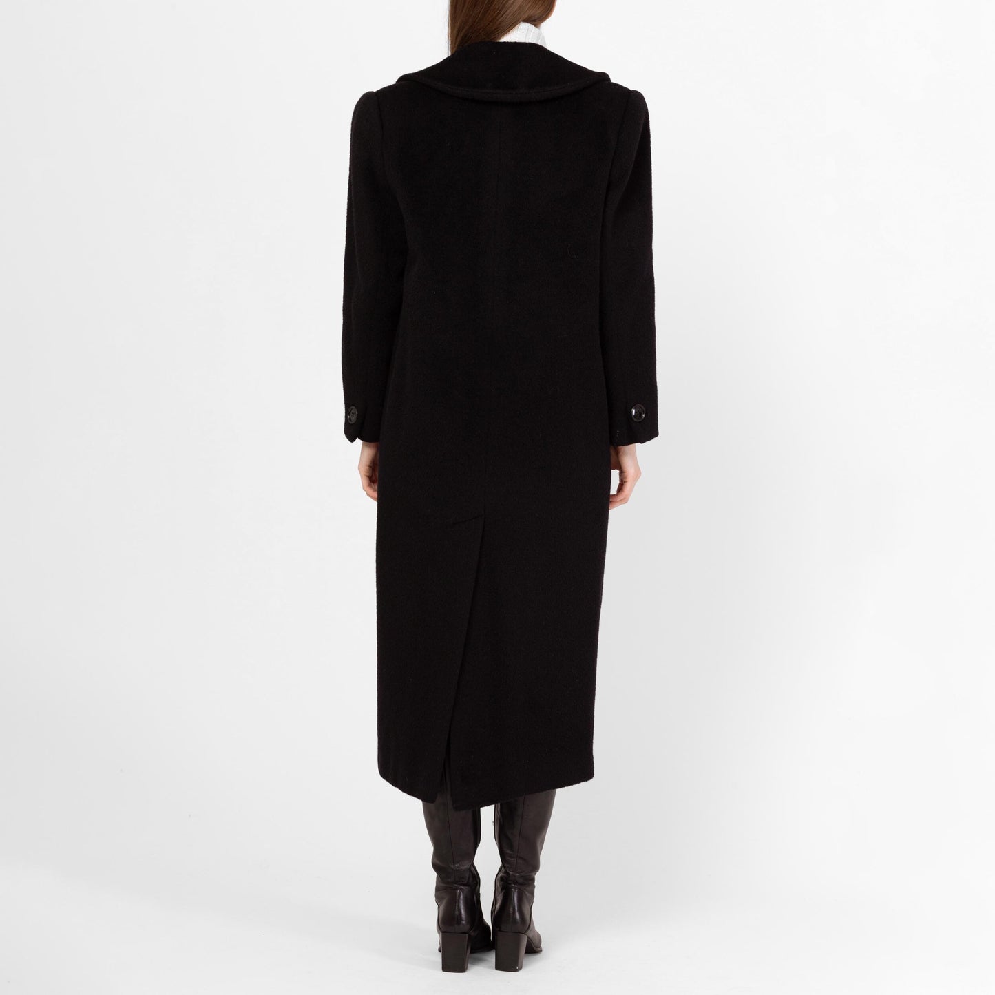 Vintage 80s Christian Dior Black Wool Double Breasted Overcoat - Small, Size 6 | Minimalist Button Up Long Winter Coat