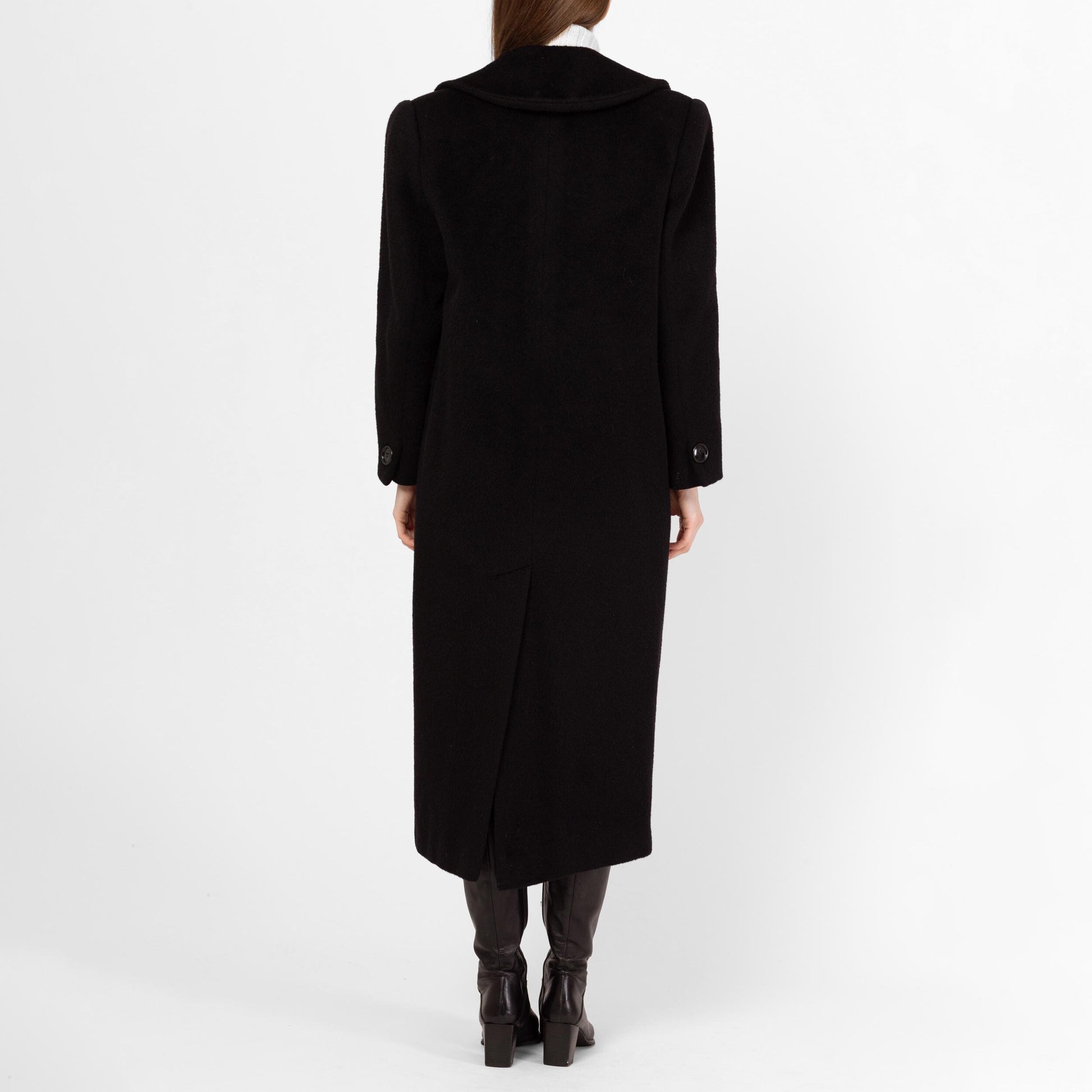 Vintage 80s Christian Dior Black Wool Double Breasted Overcoat - Small, Size 6 | Minimalist Button Up Long Winter Coat