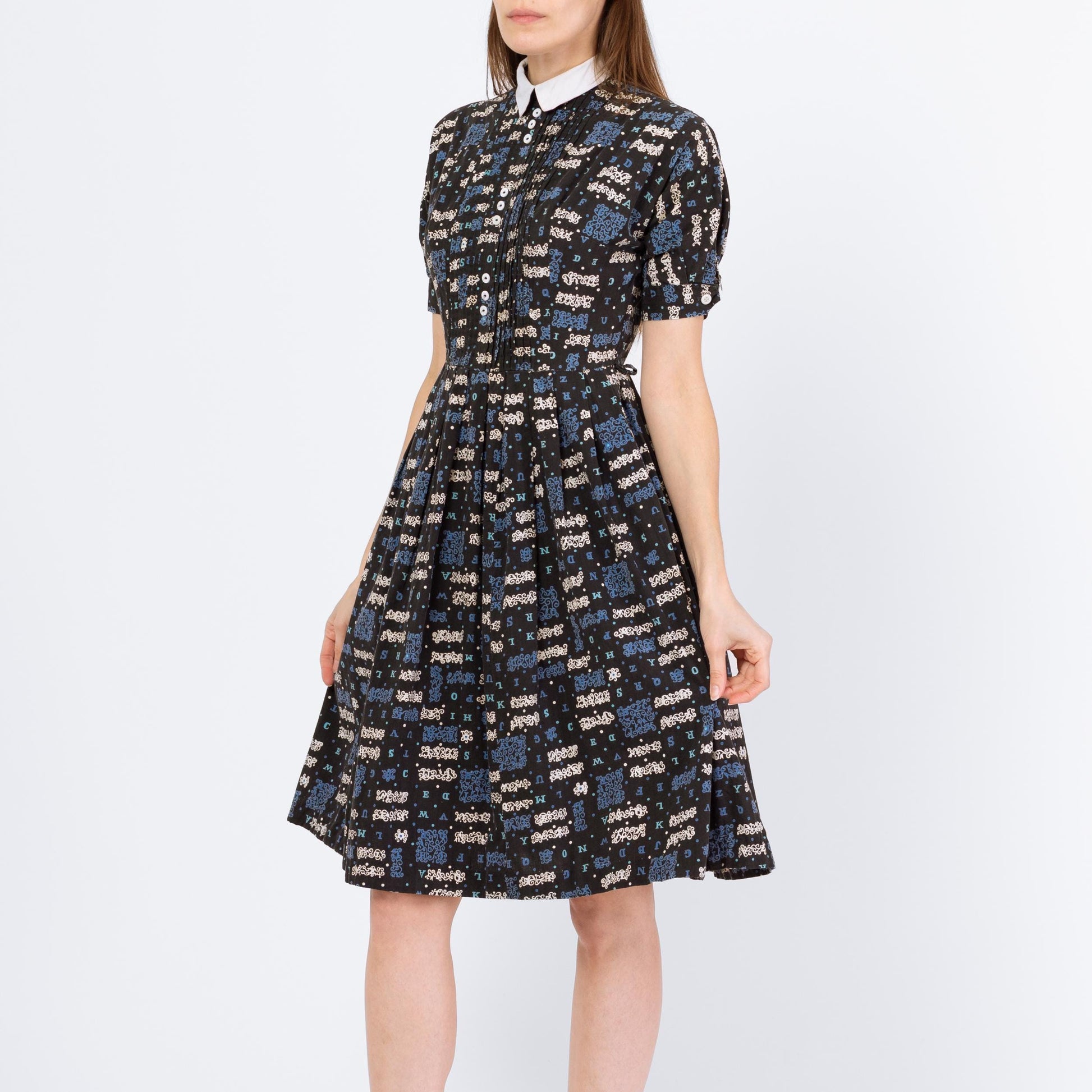 Vintage 50s Alphabet Novelty Print Day Dress - Small | 1950s Peter Pan Collar Short Puff Sleeve Fit & Flare Dress