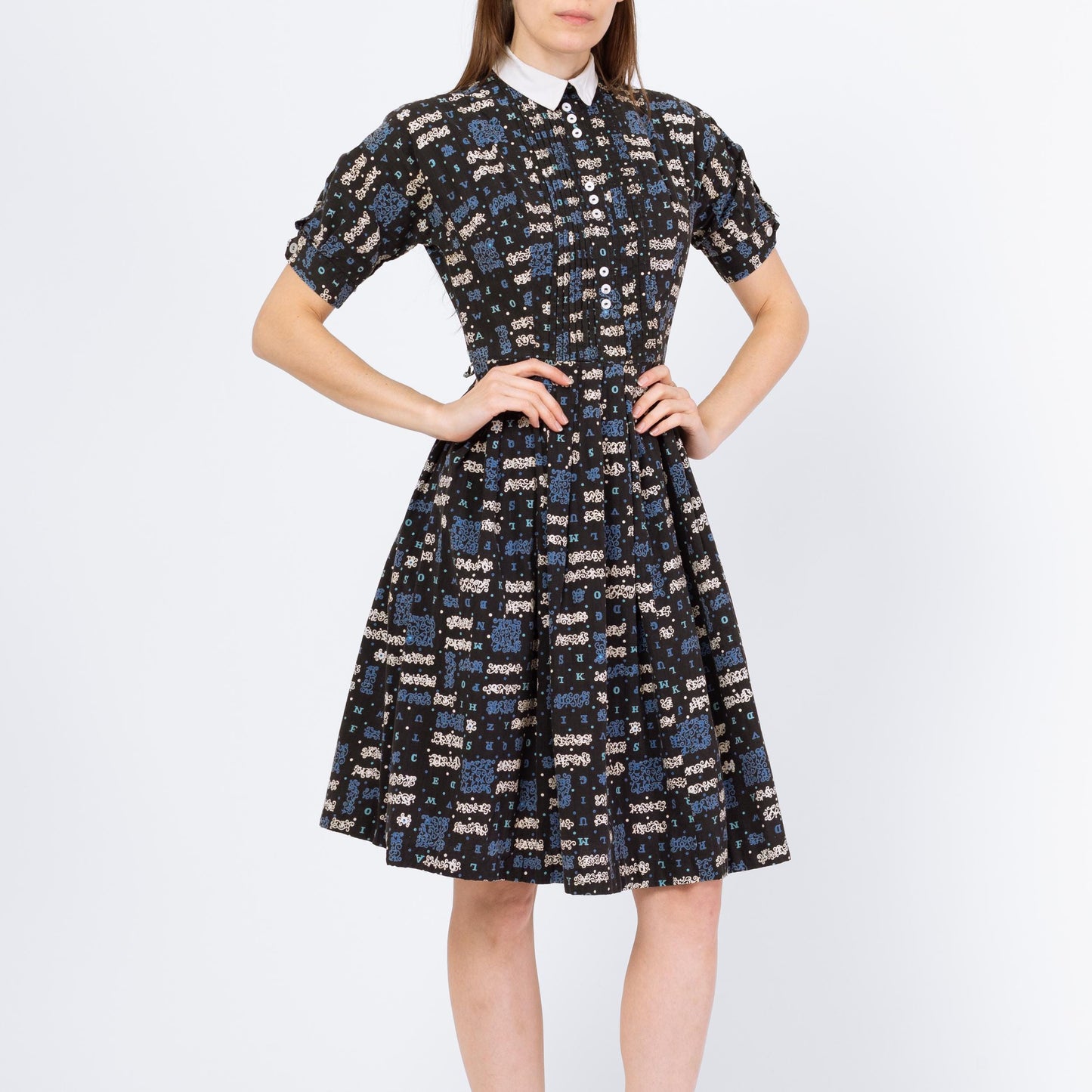 Vintage 50s Alphabet Novelty Print Day Dress - Small | 1950s Peter Pan Collar Short Puff Sleeve Fit & Flare Dress