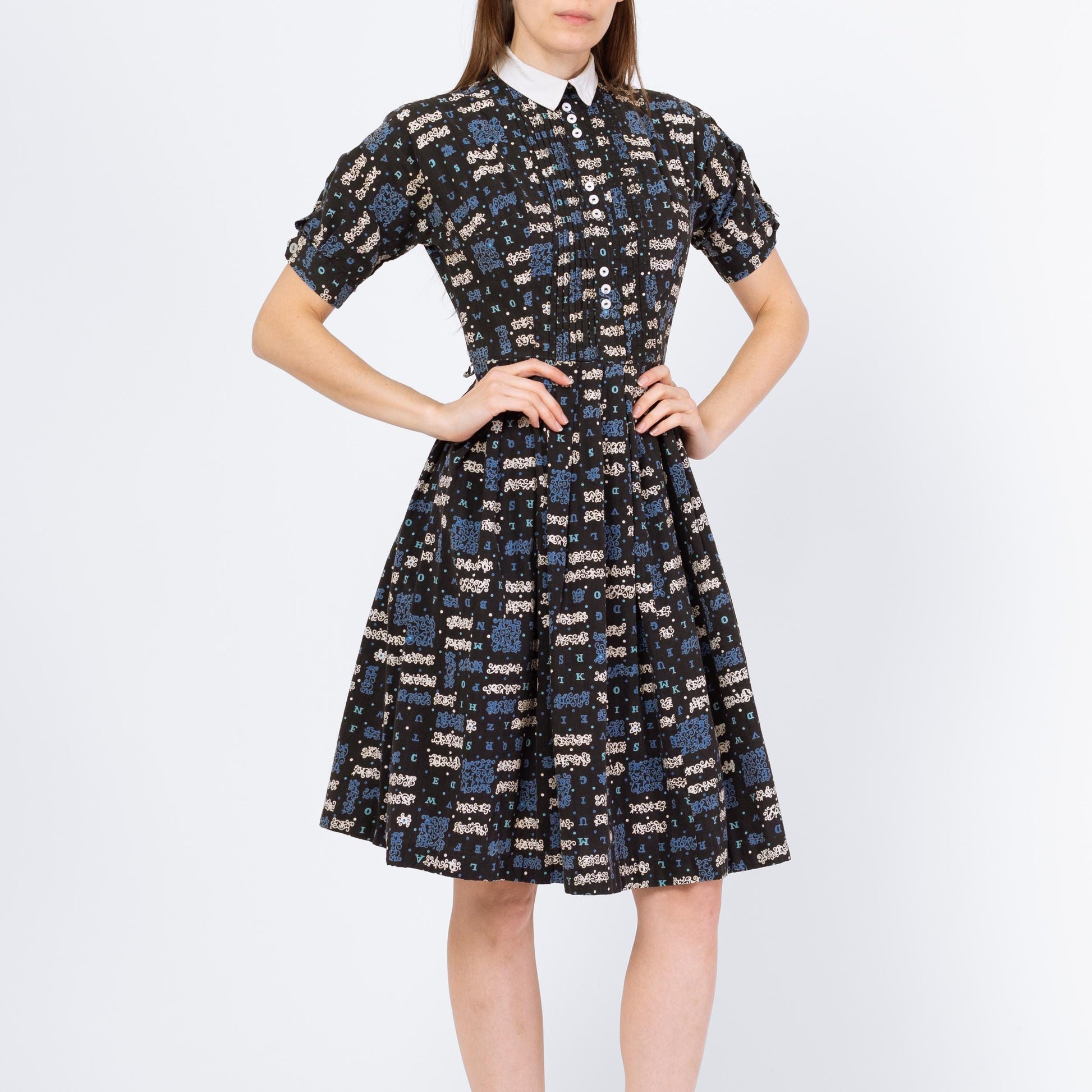 Vintage 50s Alphabet Novelty Print Day Dress - Small | 1950s Peter Pan Collar Short Puff Sleeve Fit & Flare Dress