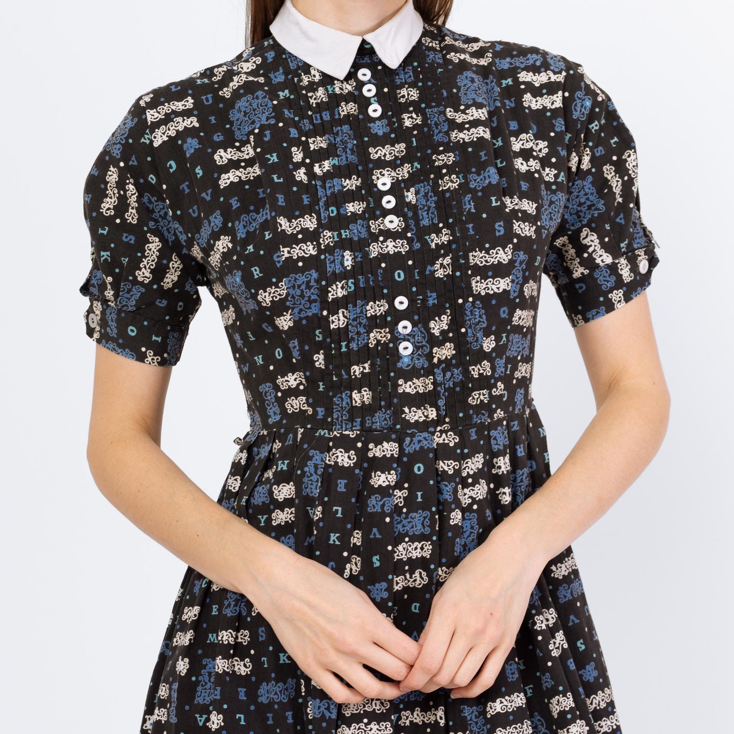 Vintage 50s Alphabet Novelty Print Day Dress - Small | 1950s Peter Pan Collar Short Puff Sleeve Fit & Flare Dress