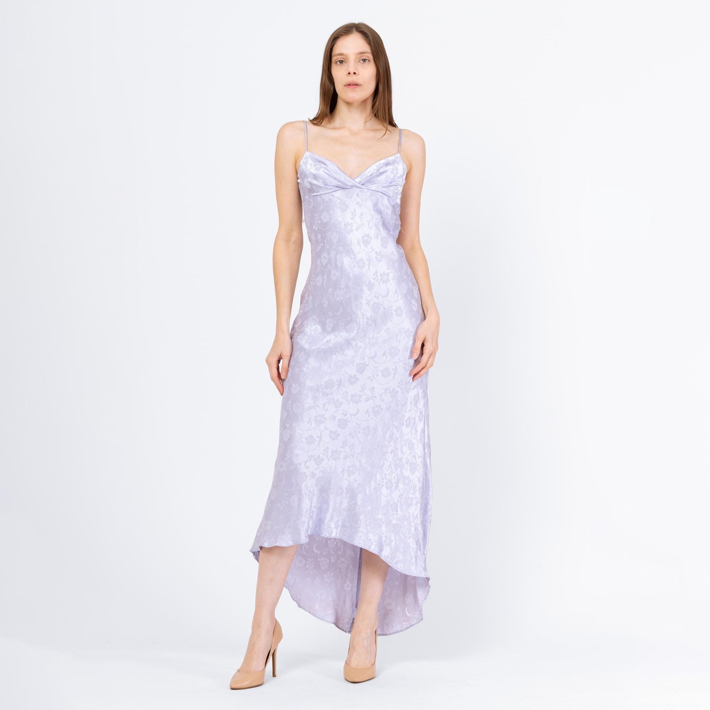 Vintage 90s Pastel Lavender Jacquard Low Back Bias Cut Gown - Small, Size 4 | A Line Formal High Low Hem Evening Maxi Dress