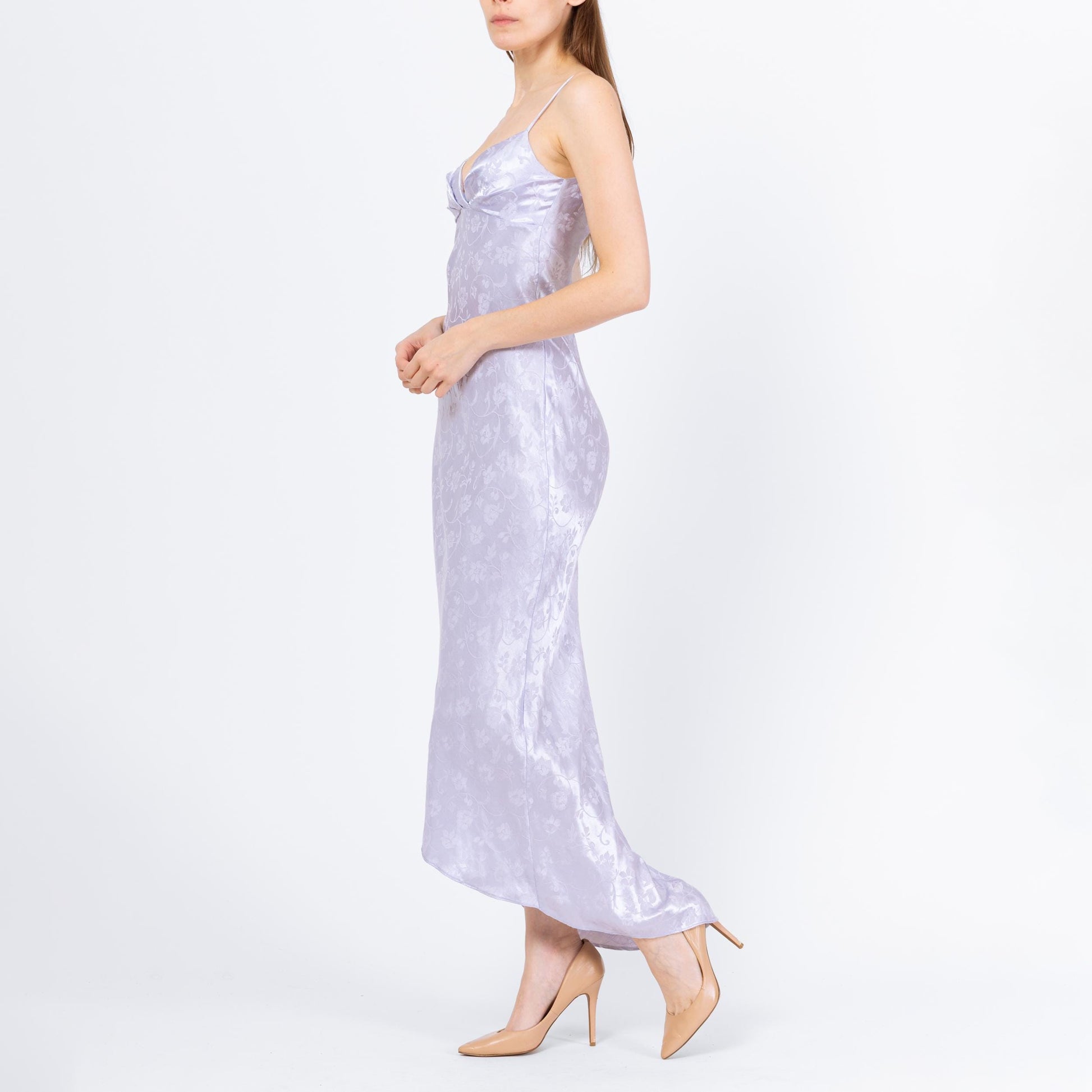 Vintage 90s Pastel Lavender Jacquard Low Back Bias Cut Gown - Small, Size 4 | A Line Formal High Low Hem Evening Maxi Dress