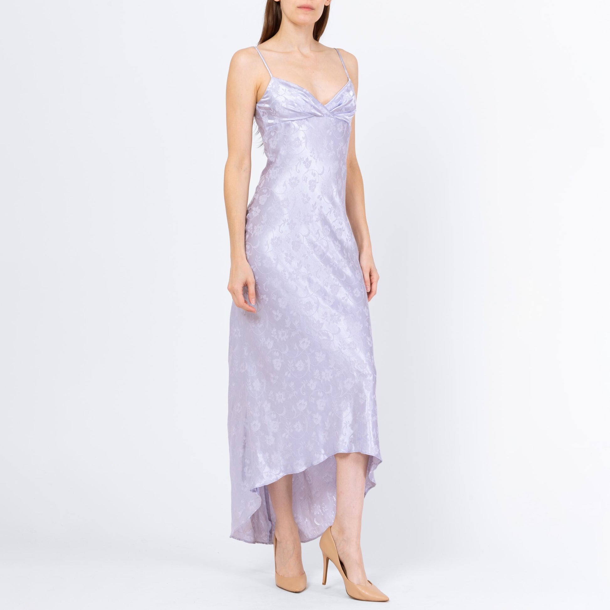 Vintage 90s Pastel Lavender Jacquard Low Back Bias Cut Gown - Small, Size 4 | A Line Formal High Low Hem Evening Maxi Dress