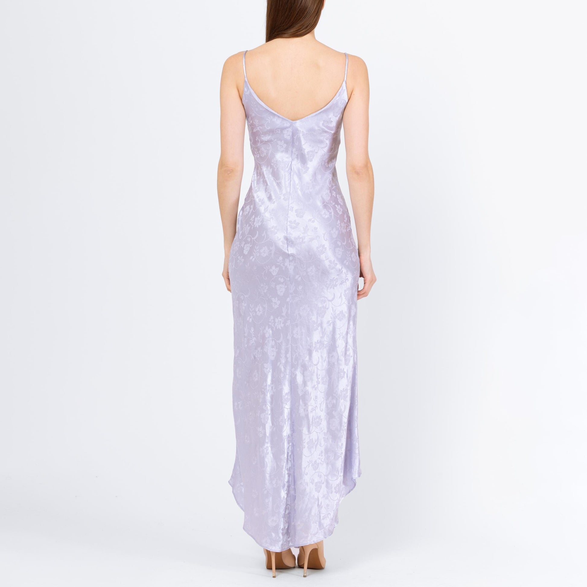 Vintage 90s Pastel Lavender Jacquard Low Back Bias Cut Gown - Small, Size 4 | A Line Formal High Low Hem Evening Maxi Dress