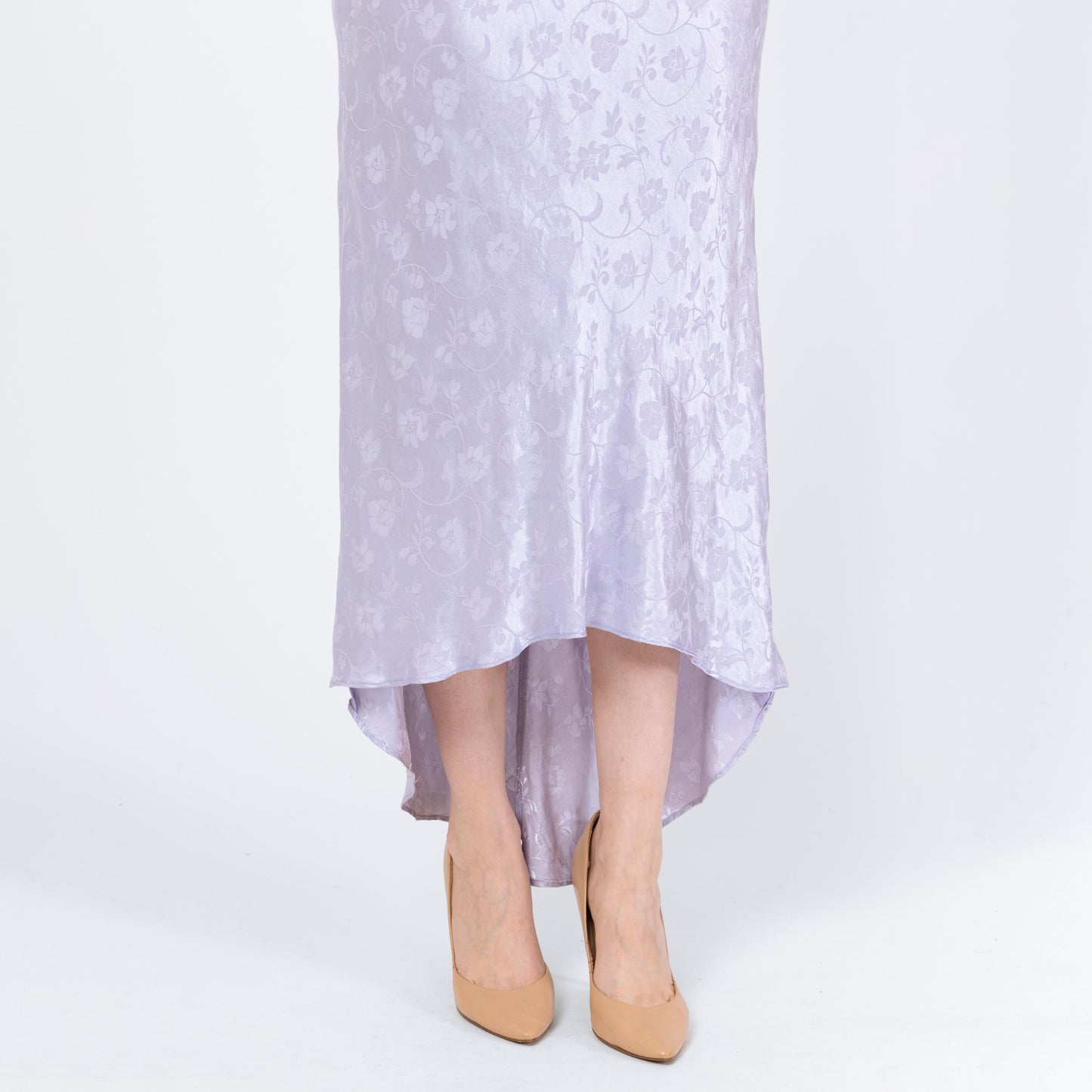 Vintage 90s Pastel Lavender Jacquard Low Back Bias Cut Gown - Small, Size 4 | A Line Formal High Low Hem Evening Maxi Dress