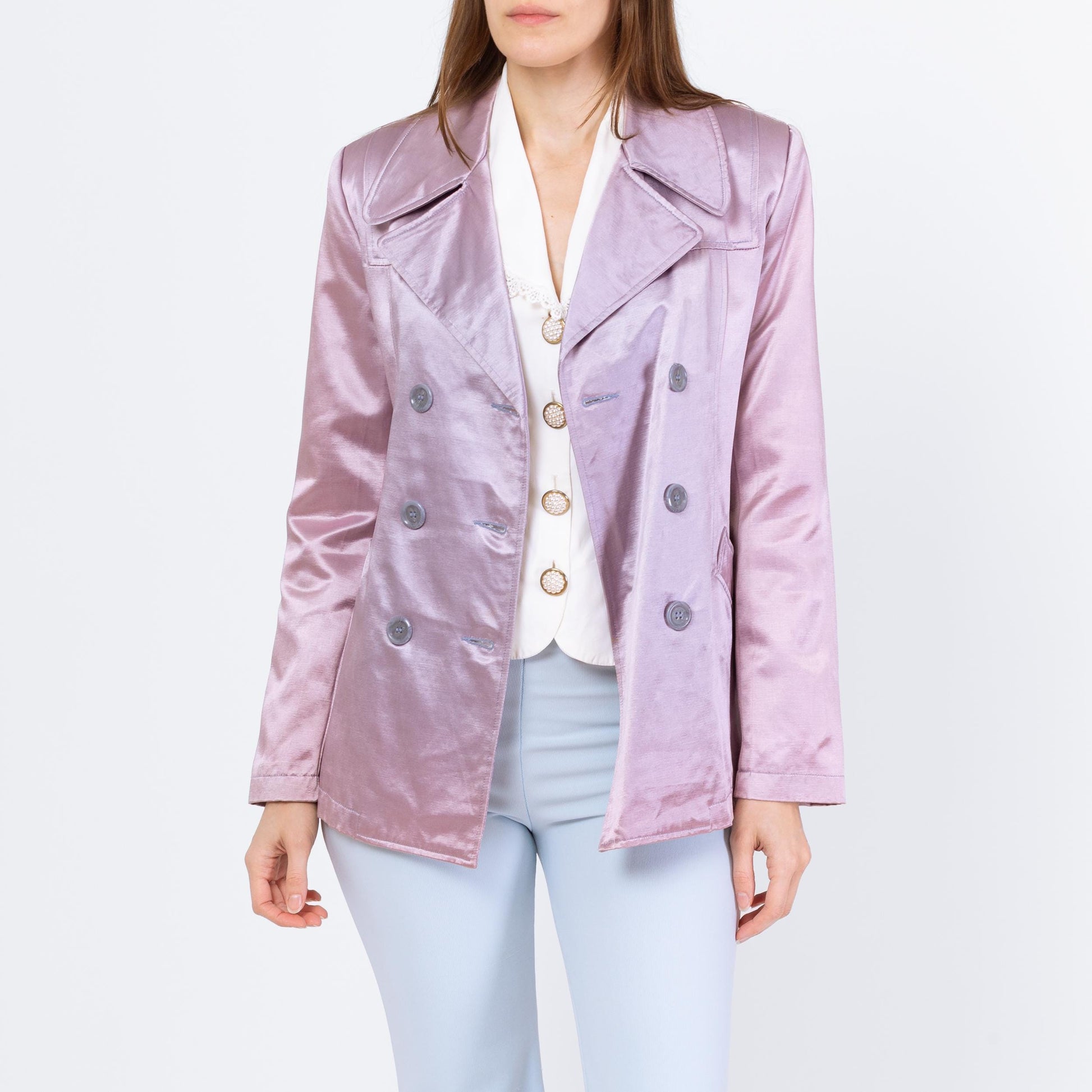 Vintage 90s Mod Faded Lilac Satin Jacket - Small | Double Breasted Short Lightweight Coat