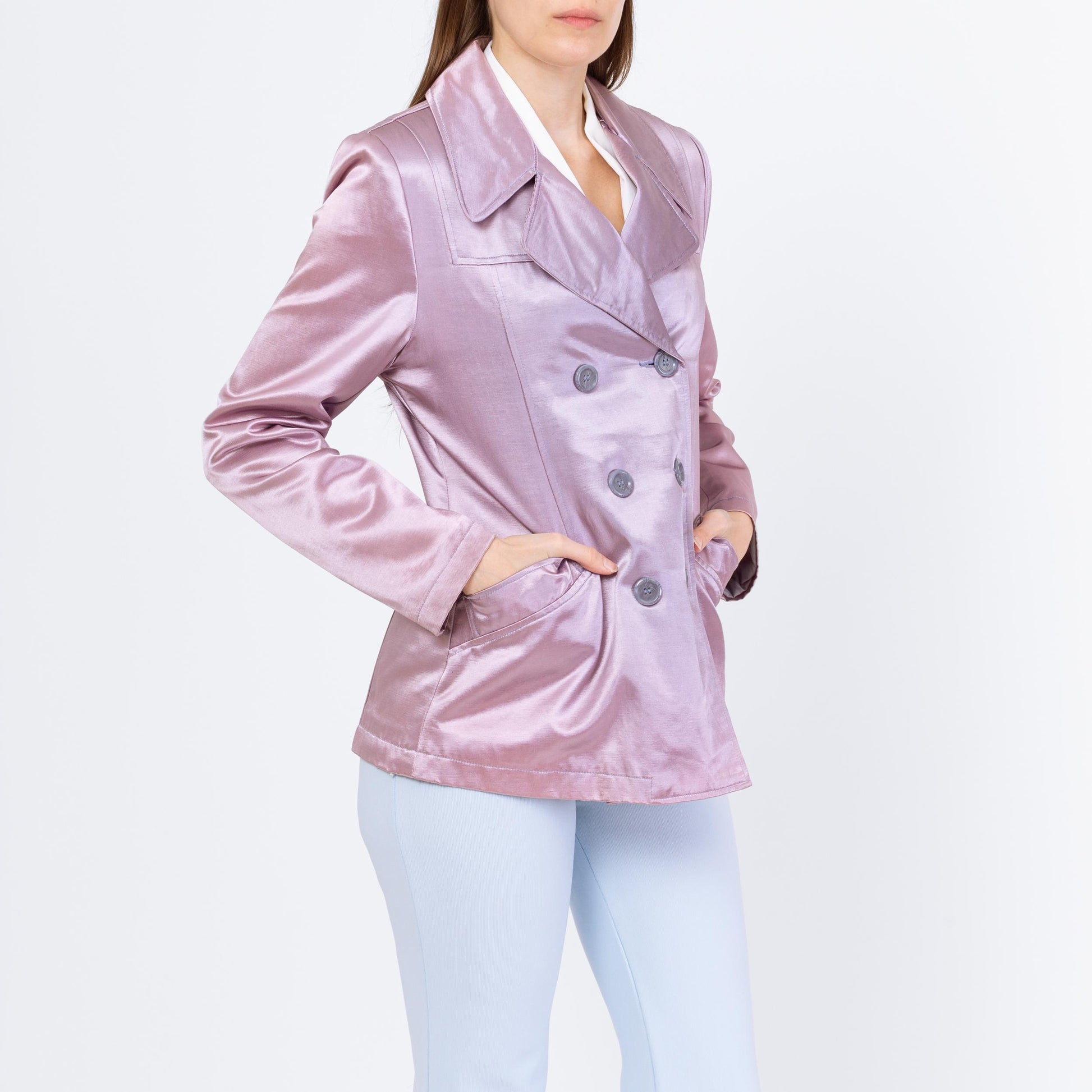 Vintage 90s Mod Faded Lilac Satin Jacket - Small | Double Breasted Short Lightweight Coat