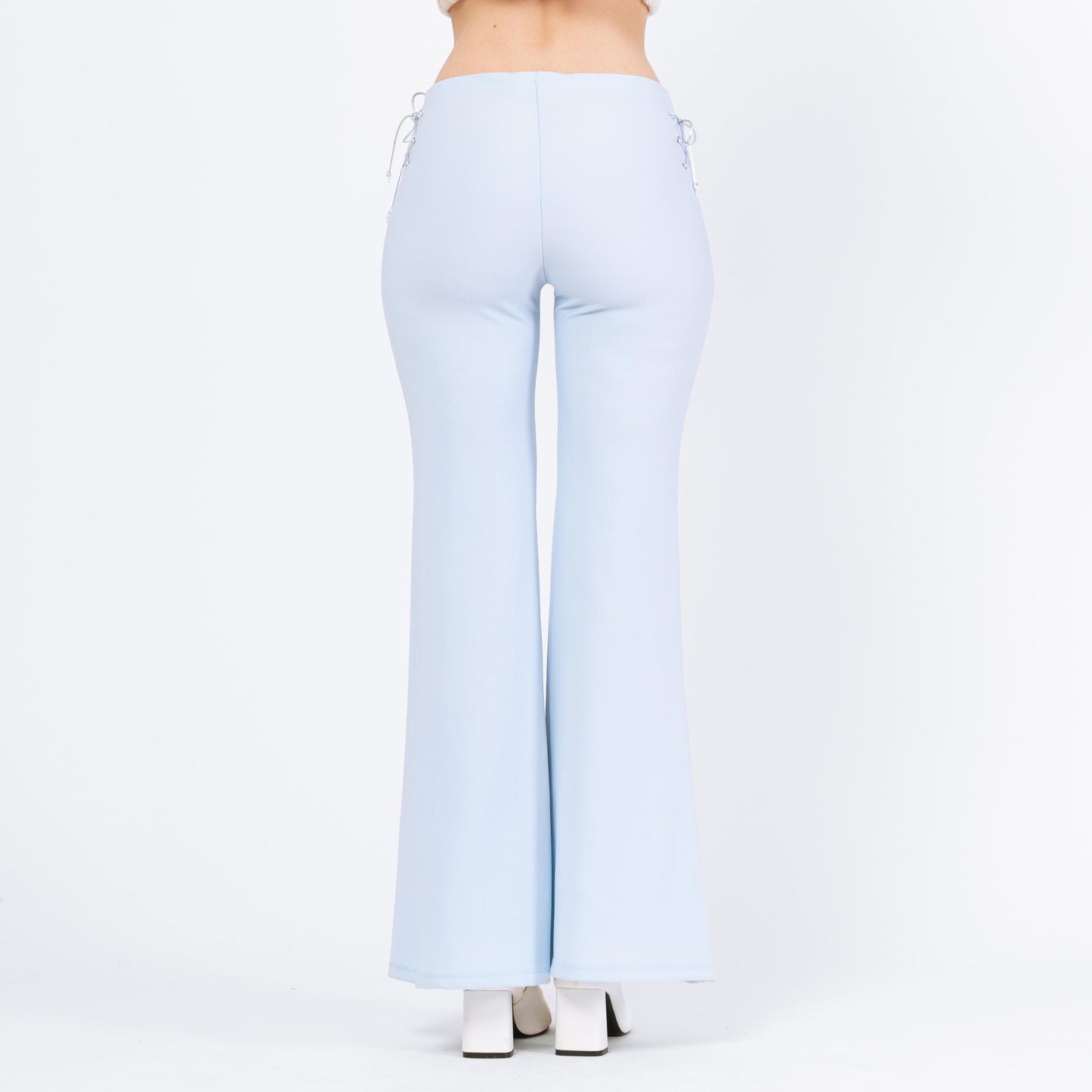 Vintage Y2K Baby Blue Lace Up Flared Pants - Small | 70s Style Retro Mid Rise Bootcut Trousers
