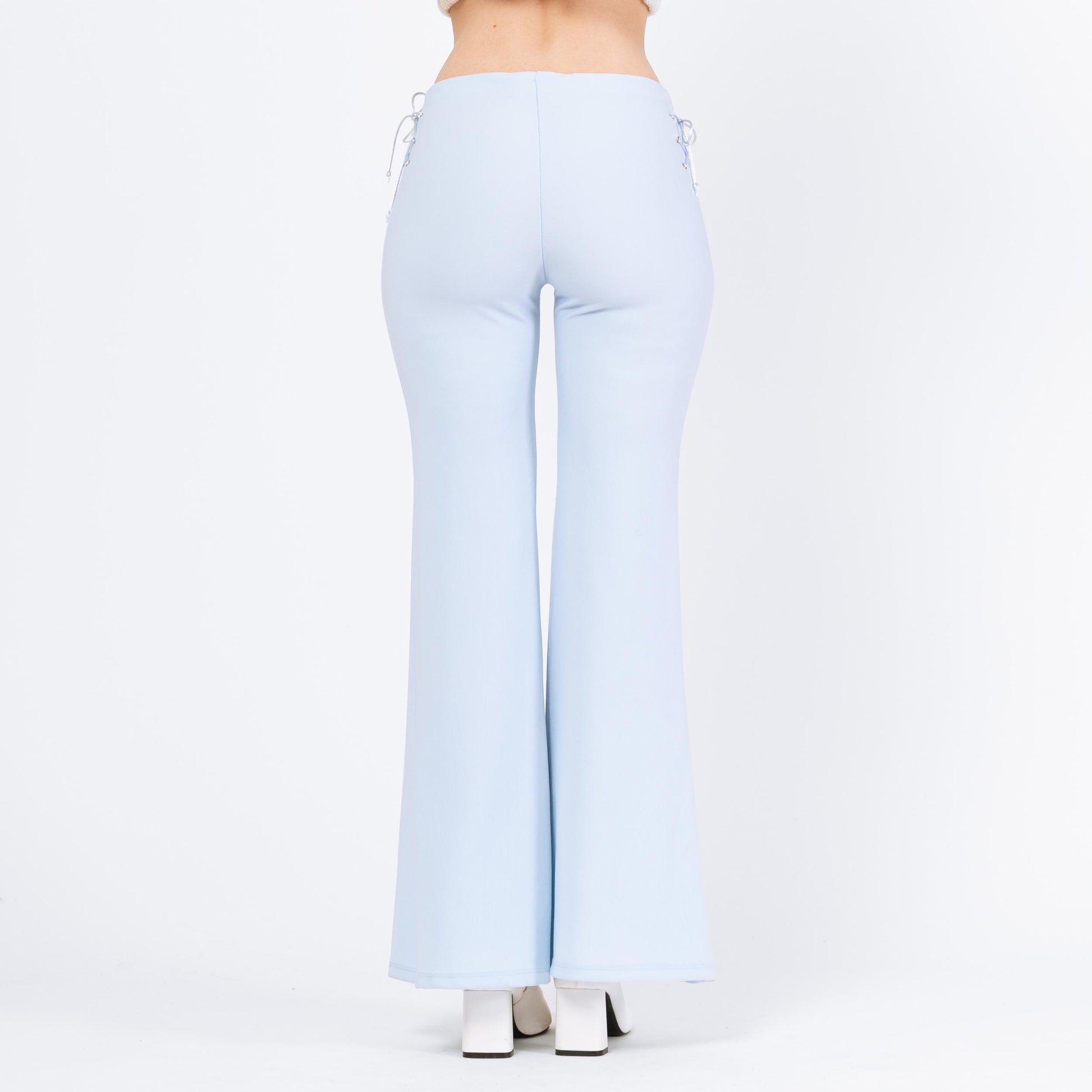 Vintage Y2K Baby Blue Lace Up Flared Pants - Small | 70s Style Retro Mid Rise Bootcut Trousers
