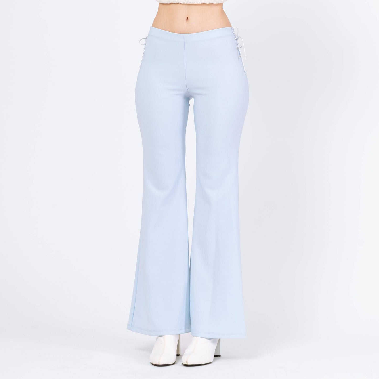 Vintage Y2K Baby Blue Lace Up Flared Pants - Small | 70s Style Retro Mid Rise Bootcut Trousers