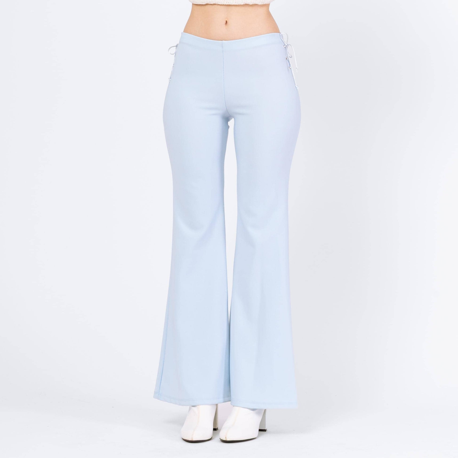 Vintage Y2K Baby Blue Lace Up Flared Pants - Small | 70s Style Retro Mid Rise Bootcut Trousers