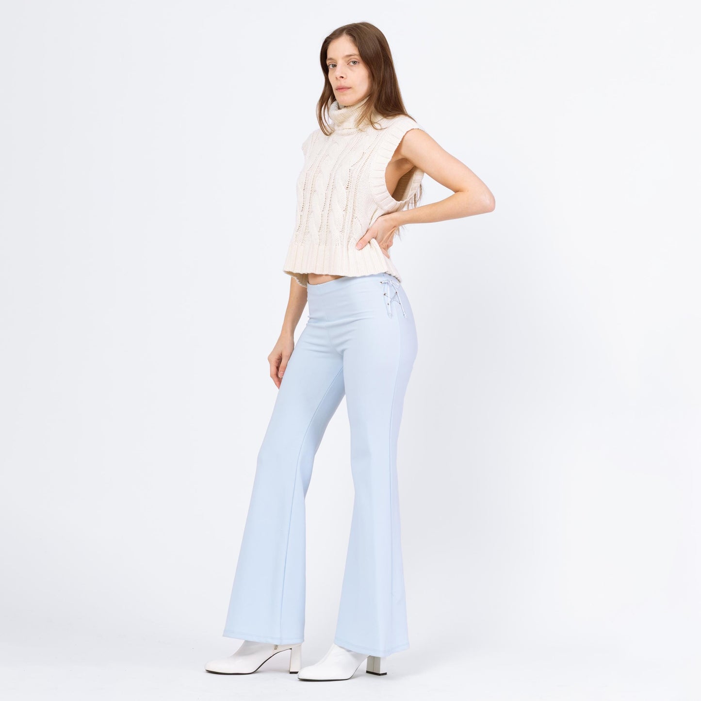 Vintage Y2K Baby Blue Lace Up Flared Pants - Small | 70s Style Retro Mid Rise Bootcut Trousers
