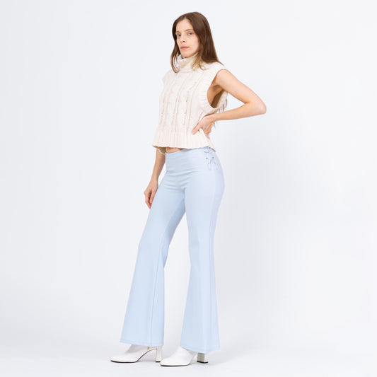 Vintage Y2K Baby Blue Lace Up Flared Pants - Small | 70s Style Retro Mid Rise Bootcut Trousers