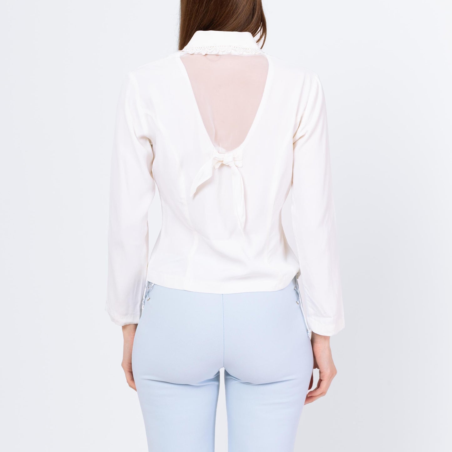 Vintage 80s White Sheer Back Blouse - Small | Shawl Collar Long Sleeve Button Up Top