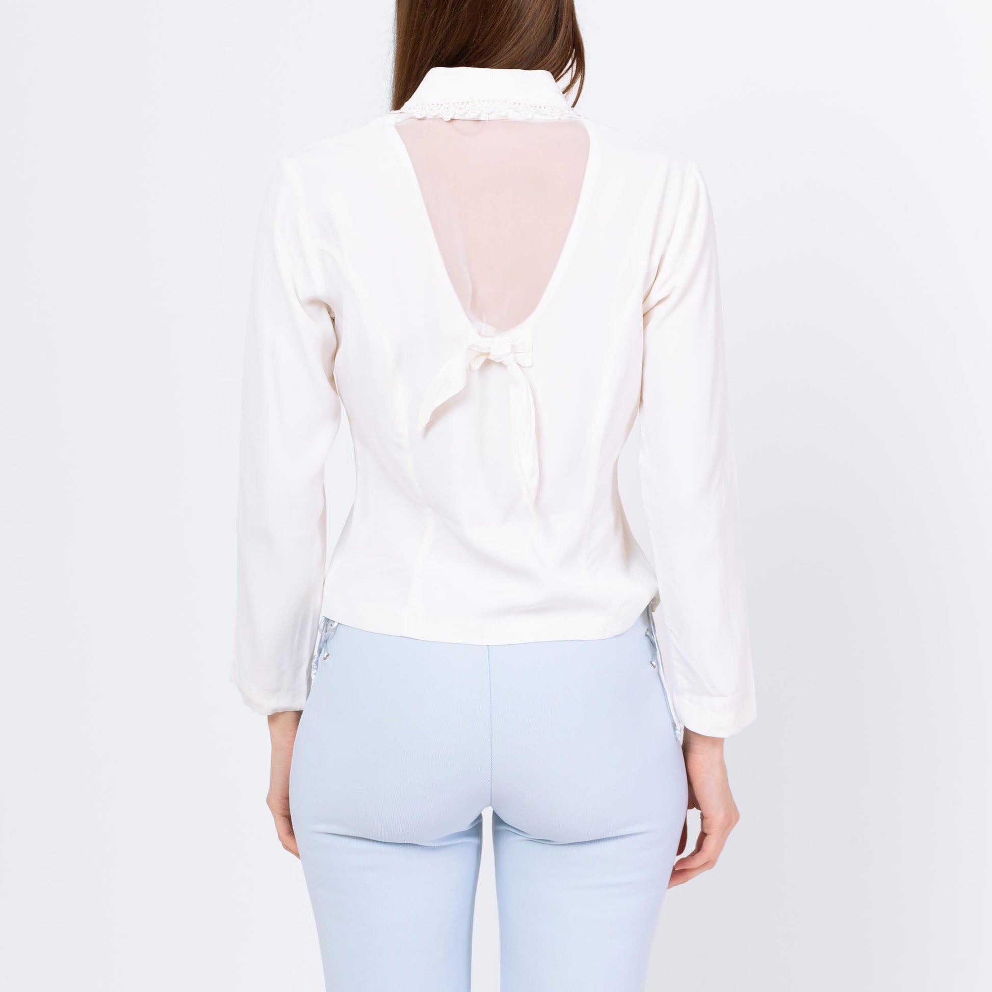 Vintage 80s White Sheer Back Blouse - Small | Shawl Collar Long Sleeve Button Up Top