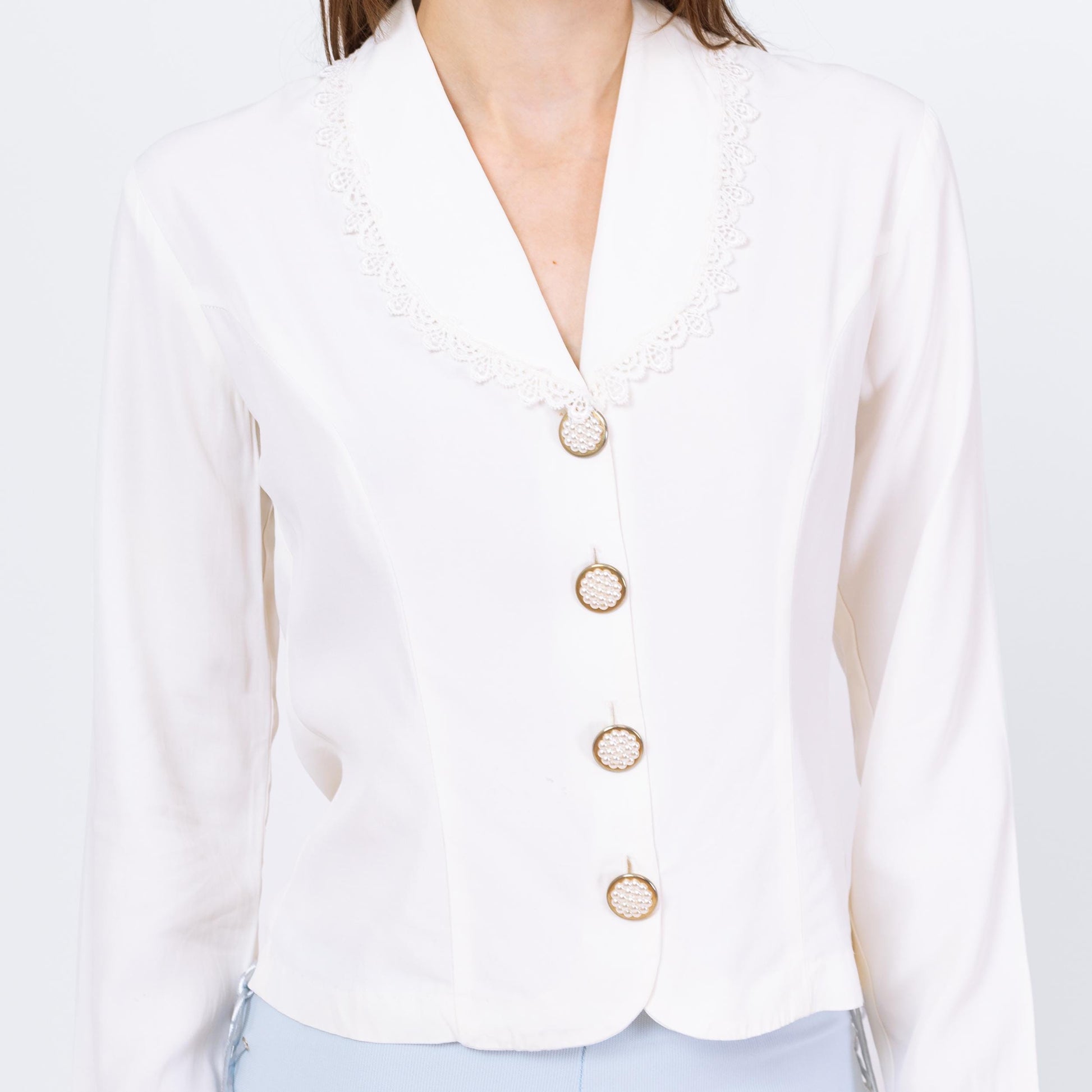 Vintage 80s White Sheer Back Blouse - Small | Shawl Collar Long Sleeve Button Up Top