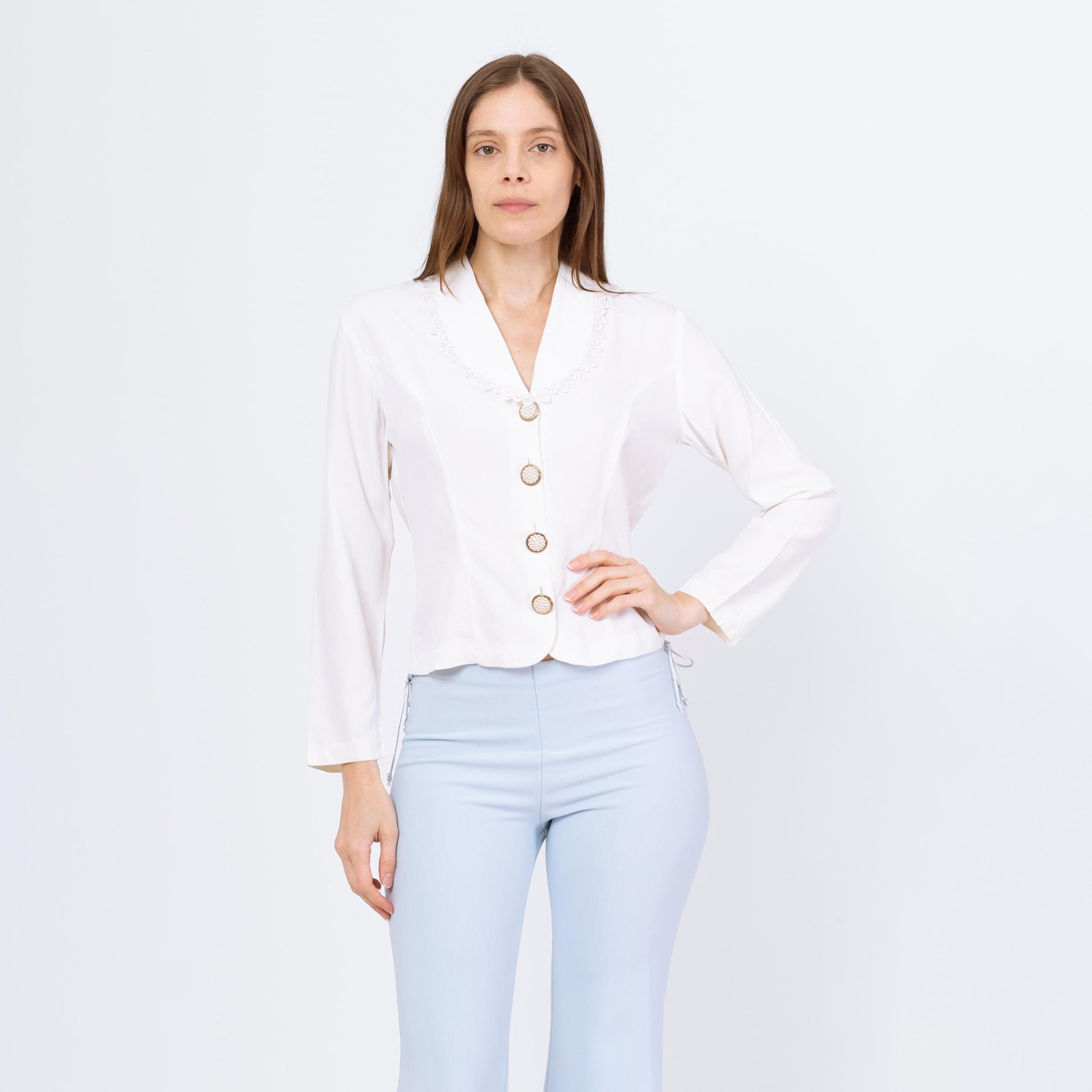 Vintage 80s White Sheer Back Blouse - Small | Shawl Collar Long Sleeve Button Up Top