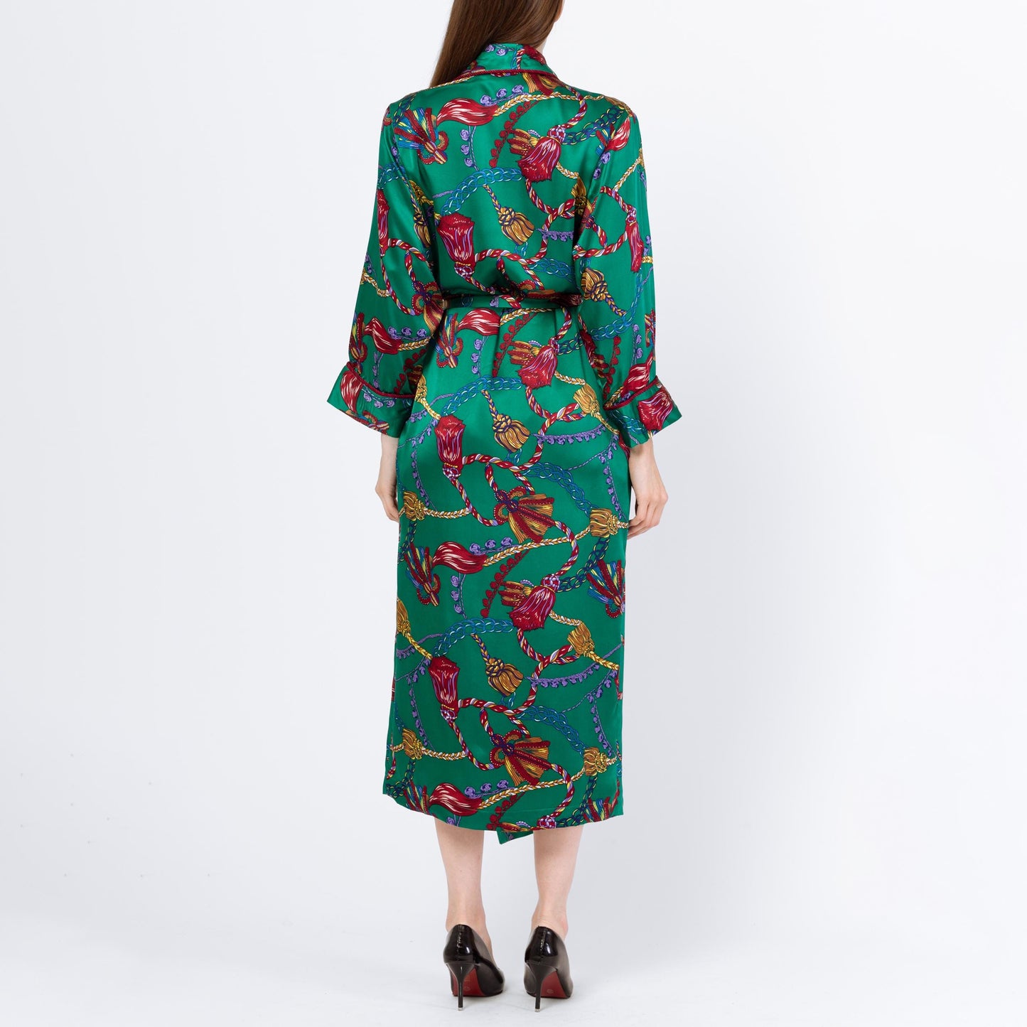 Vintage 90s Victoria's Secret Green Silk Tassel Print Robe - Extra Small | Baroque Belted Satin Loungewear Maxi Kimono