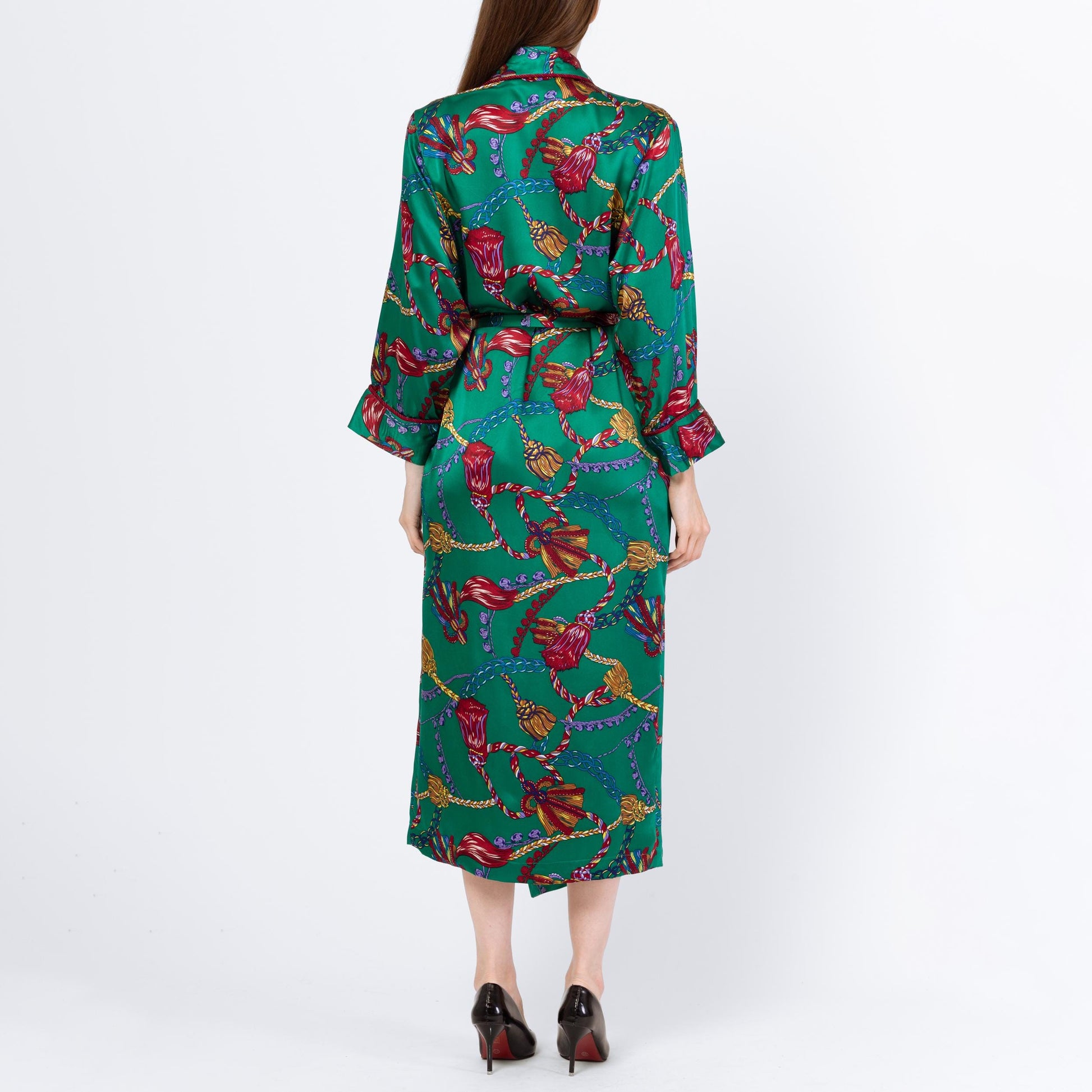 Vintage 90s Victoria's Secret Green Silk Tassel Print Robe - Extra Small | Baroque Belted Satin Loungewear Maxi Kimono