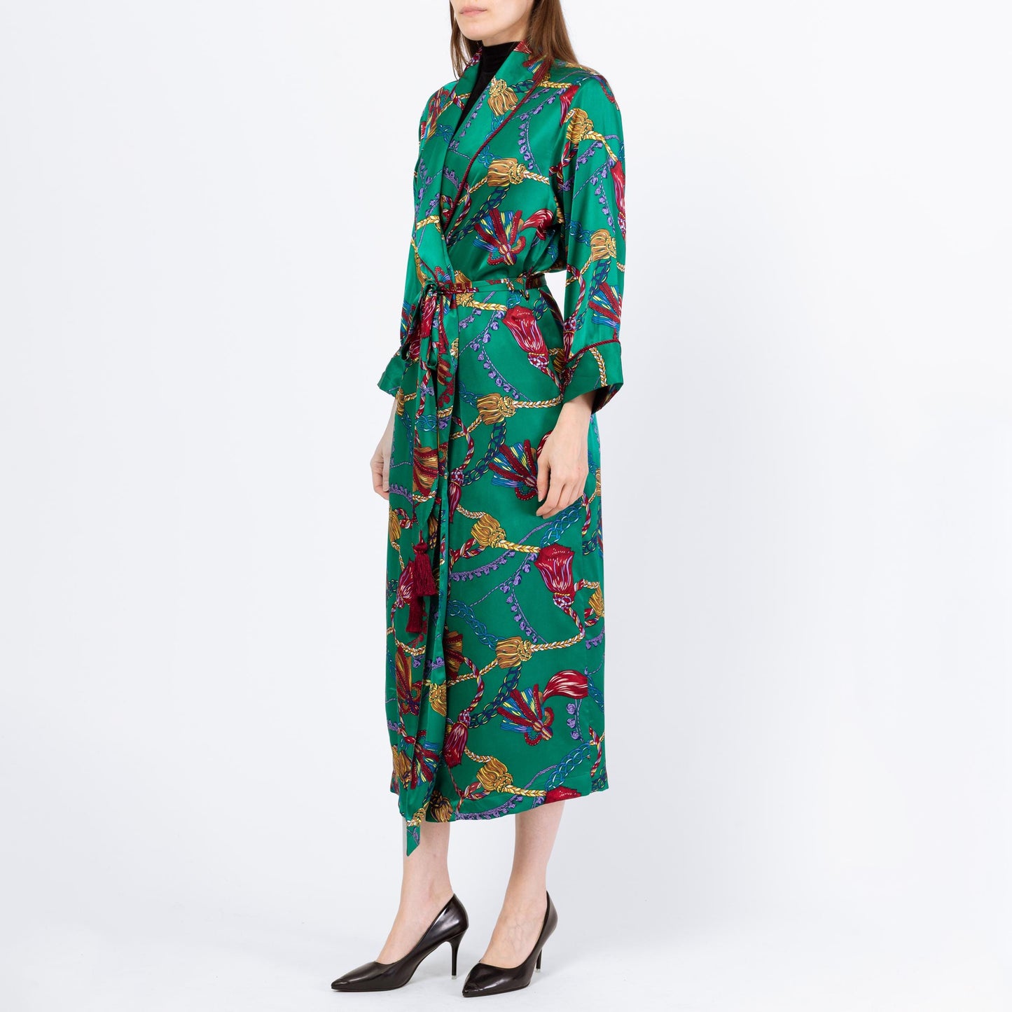 Vintage 90s Victoria's Secret Green Silk Tassel Print Robe - Extra Small | Baroque Belted Satin Loungewear Maxi Kimono