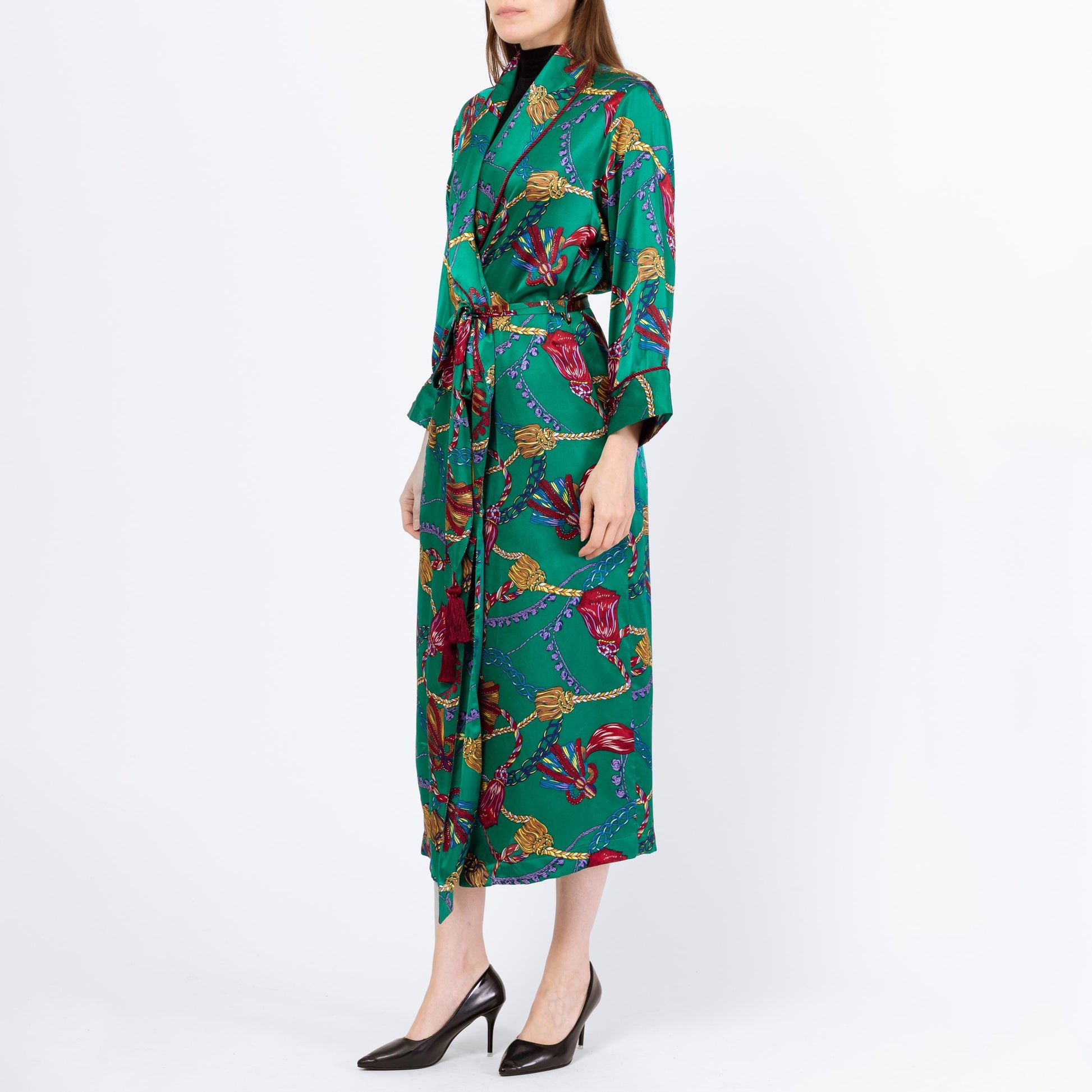 Vintage 90s Victoria's Secret Green Silk Tassel Print Robe - Extra Small | Baroque Belted Satin Loungewear Maxi Kimono