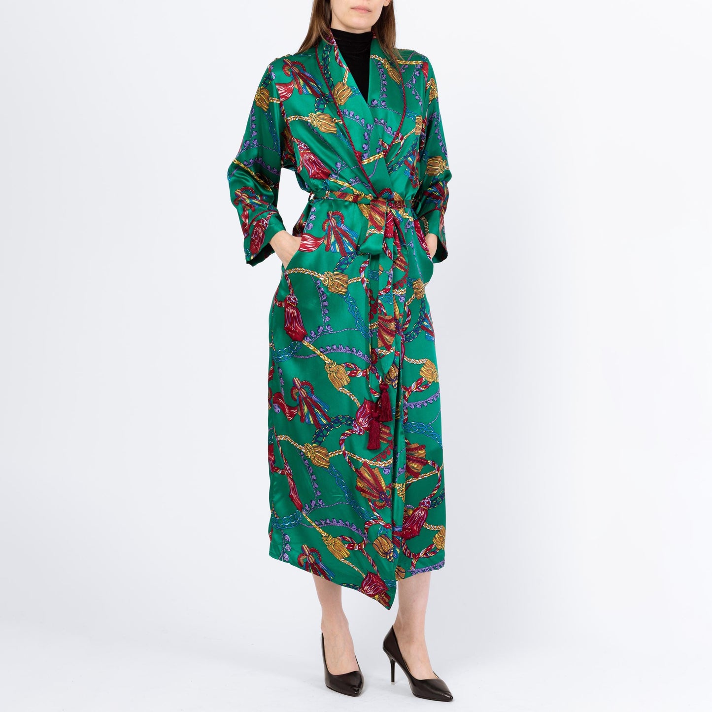 Vintage 90s Victoria's Secret Green Silk Tassel Print Robe - Extra Small | Baroque Belted Satin Loungewear Maxi Kimono