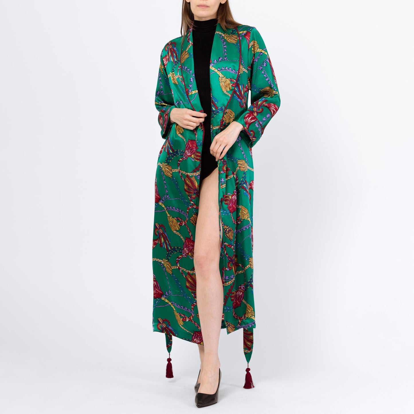 Vintage 90s Victoria's Secret Green Silk Tassel Print Robe - Extra Small | Baroque Belted Satin Loungewear Maxi Kimono