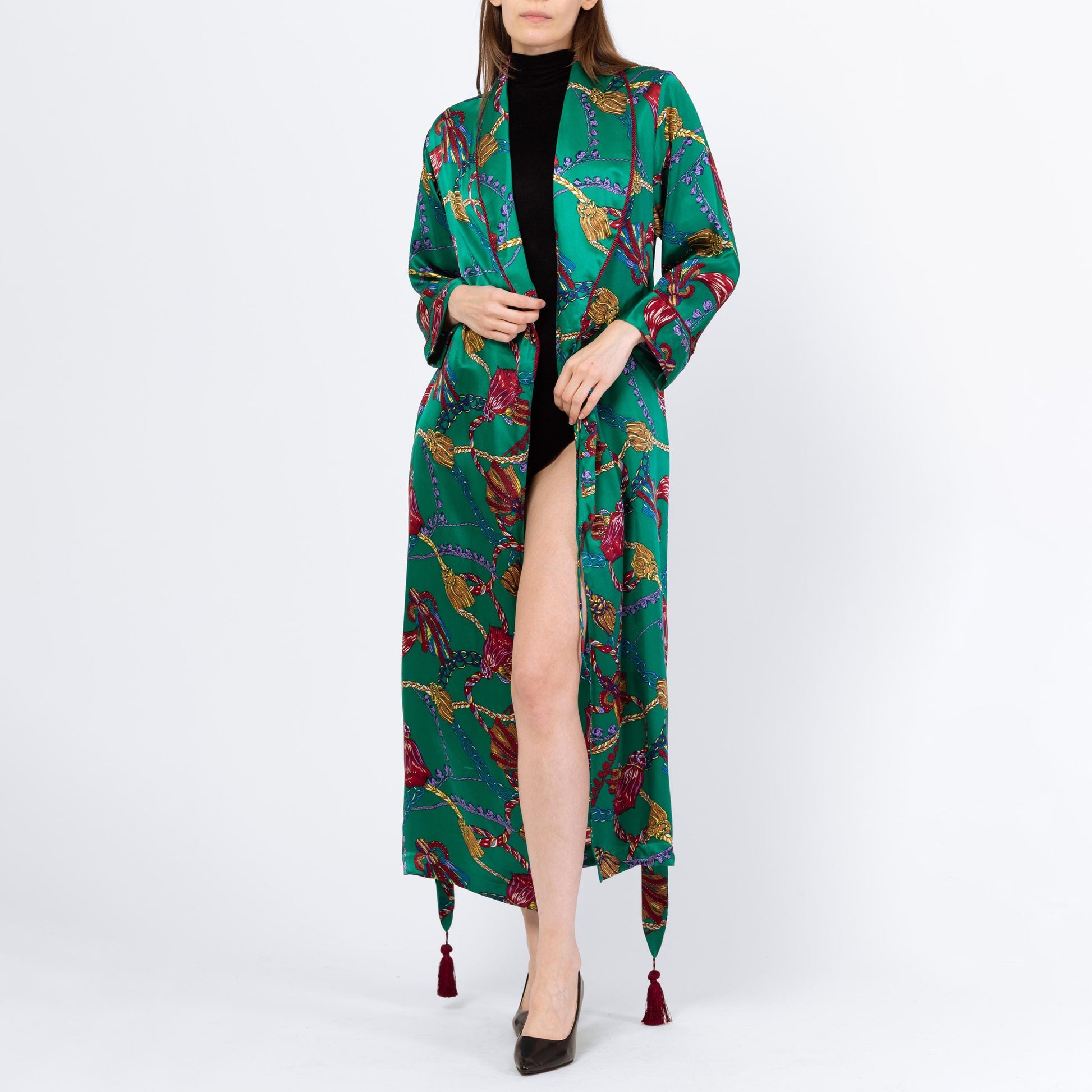 Vintage 90s Victoria's Secret Green Silk Tassel Print Robe - Extra Small | Baroque Belted Satin Loungewear Maxi Kimono