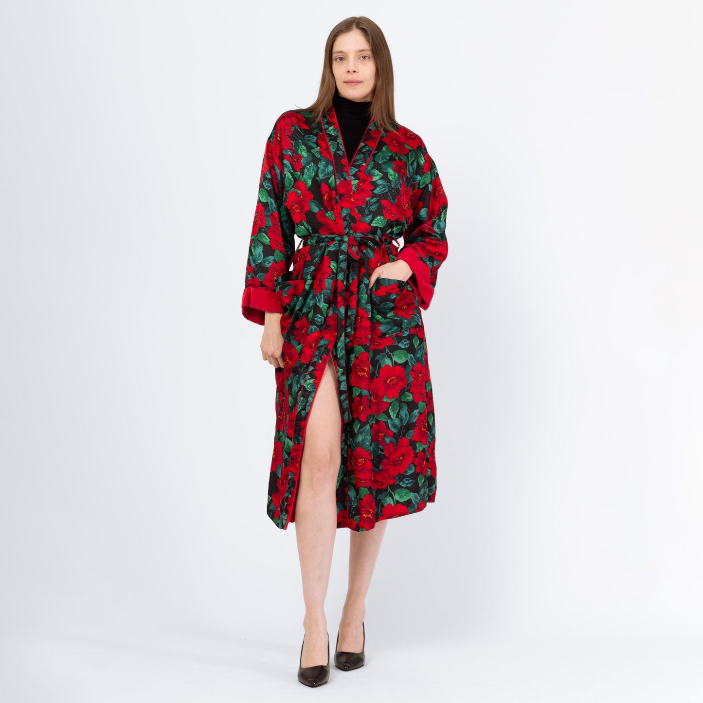 Vintage 90s Victoria's Secret Poinsettia Print Midi Robe - Small | Red & Green Belted Jacquard Satin Terrycloth Loungewear Kimono