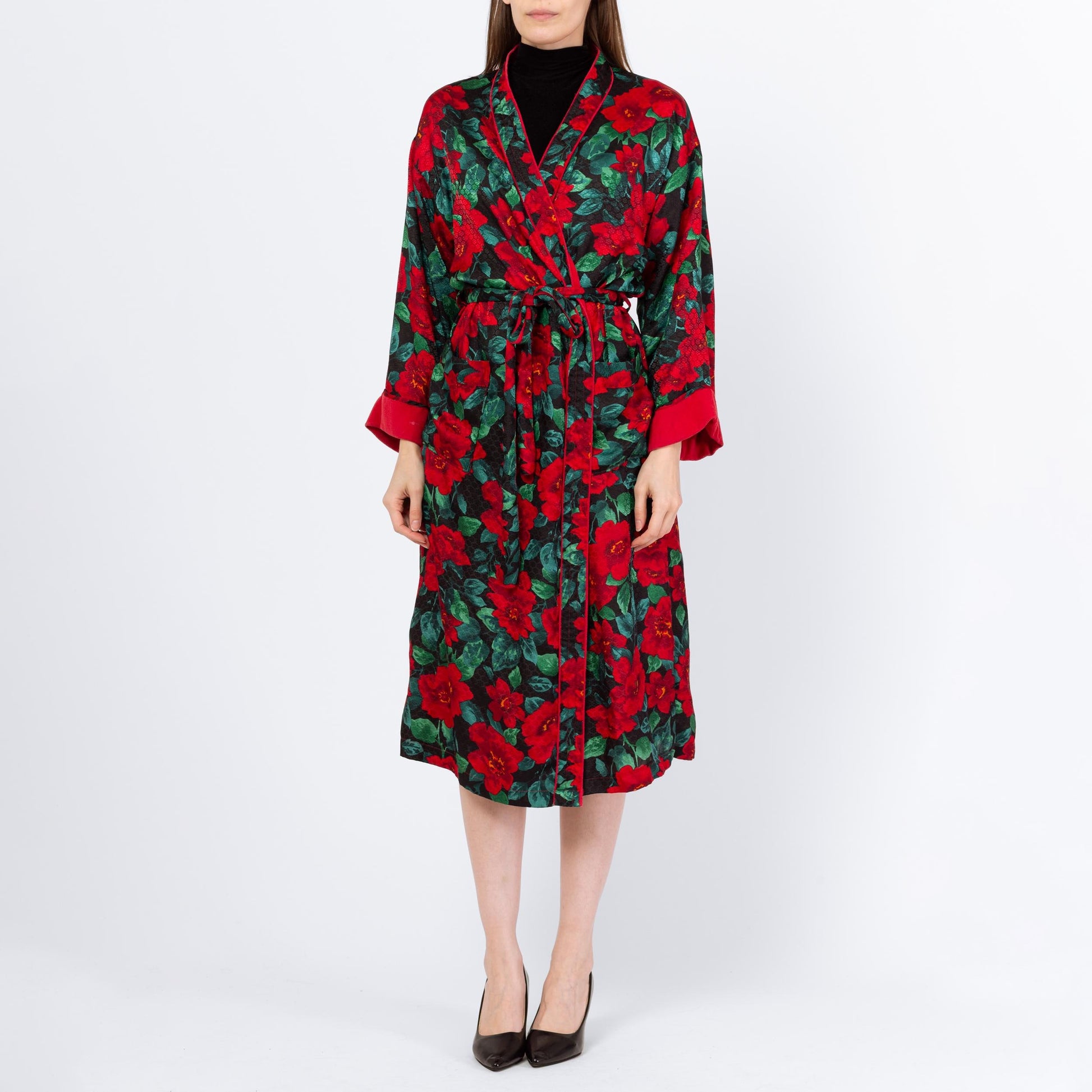 Vintage 90s Victoria's Secret Poinsettia Print Midi Robe - Small | Red & Green Belted Jacquard Satin Terrycloth Loungewear Kimono