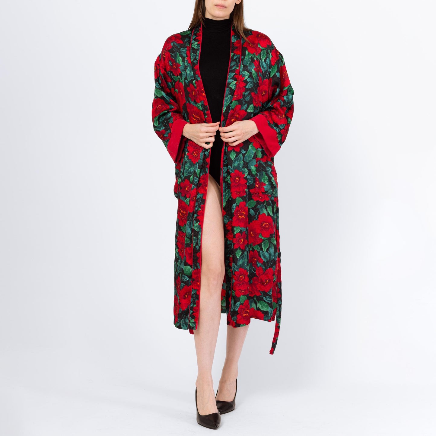 Vintage 90s Victoria's Secret Poinsettia Print Midi Robe - Small | Red & Green Belted Jacquard Satin Terrycloth Loungewear Kimono