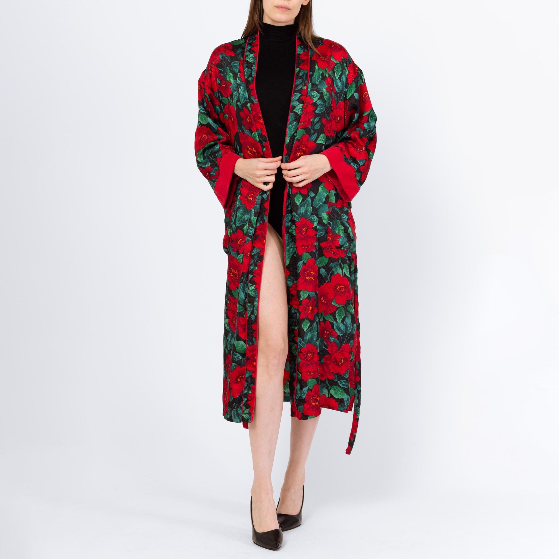 Vintage 90s Victoria's Secret Poinsettia Print Midi Robe - Small | Red & Green Belted Jacquard Satin Terrycloth Loungewear Kimono