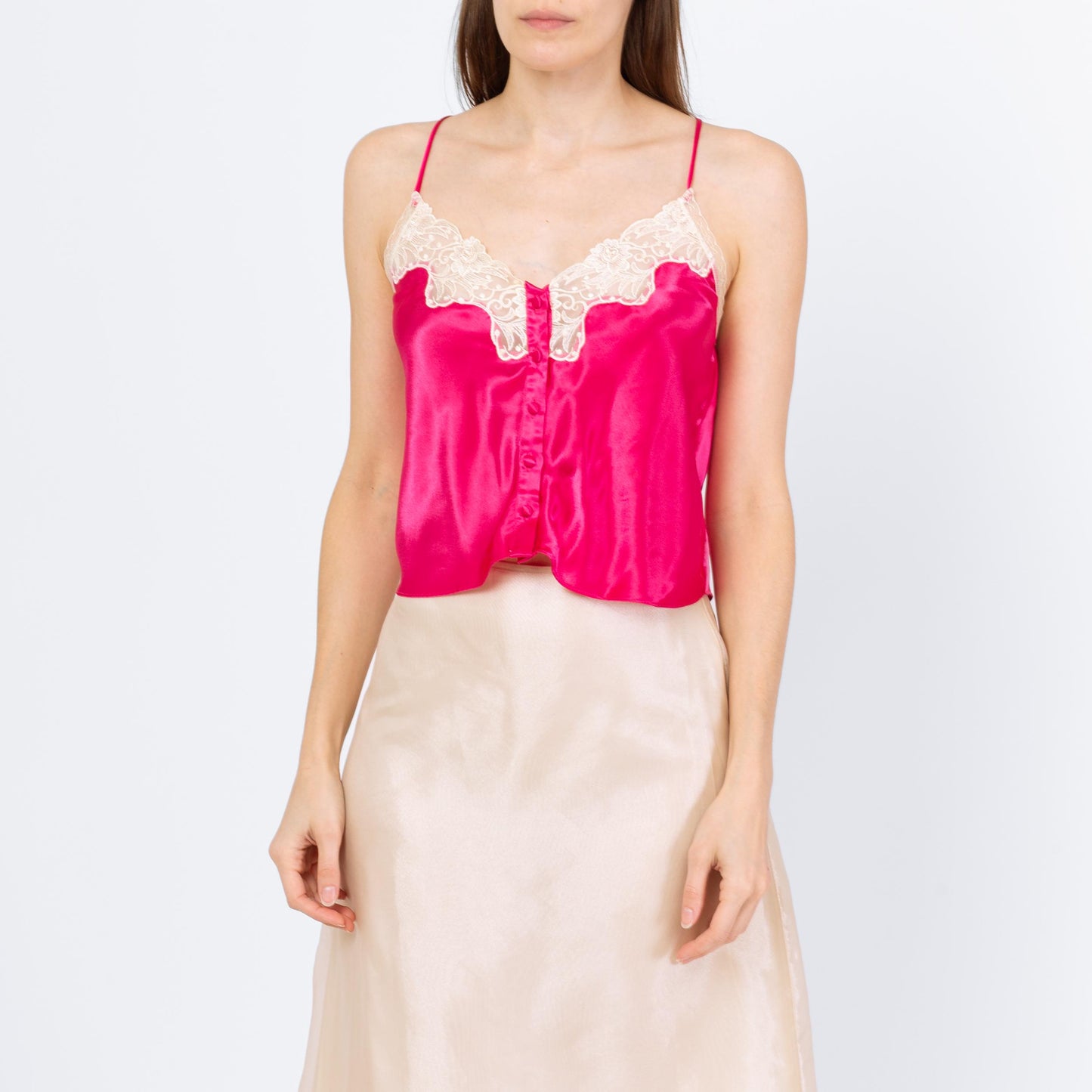 Vintage 90s Victoria's Secret Hot Pink Satin Camisole - Small | Lace Trim Lingerie Slip Cami Crop Top