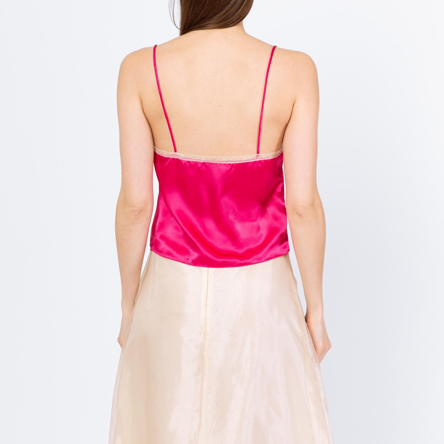 Vintage 90s Victoria's Secret Hot Pink Satin Camisole - Small | Lace Trim Lingerie Slip Cami Crop Top