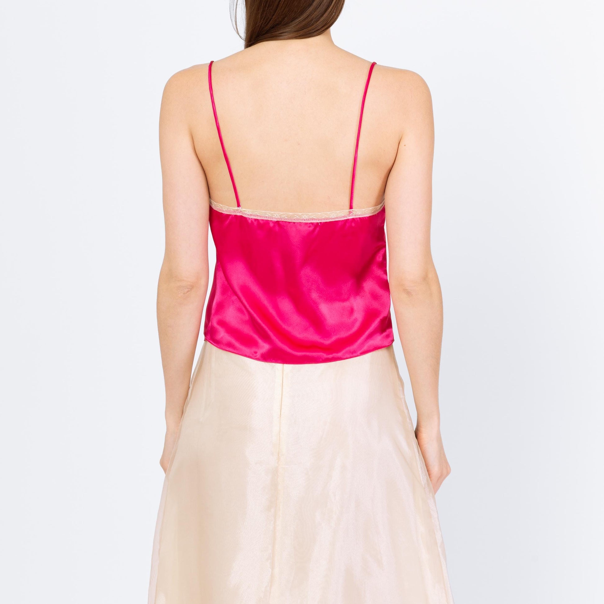 Vintage 90s Victoria's Secret Hot Pink Satin Camisole - Small | Lace Trim Lingerie Slip Cami Crop Top