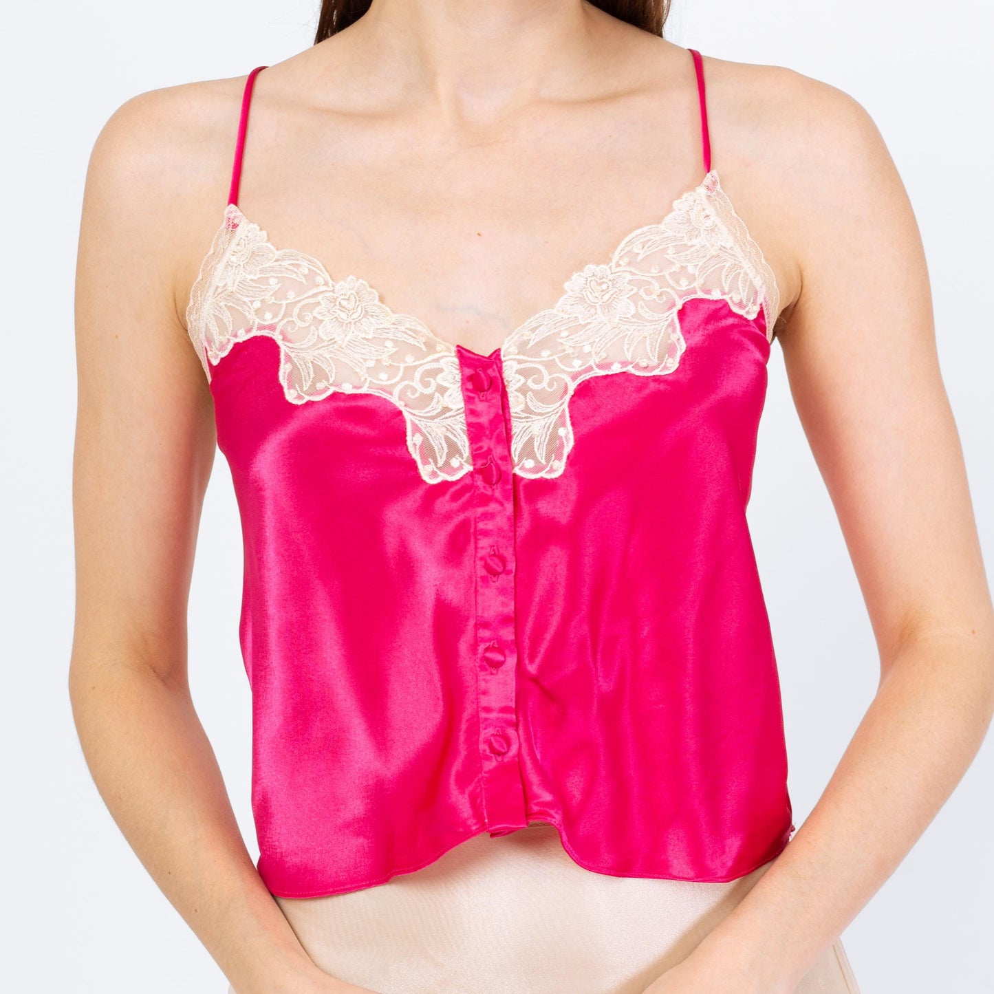 Vintage 90s Victoria's Secret Hot Pink Satin Camisole - Small | Lace Trim Lingerie Slip Cami Crop Top