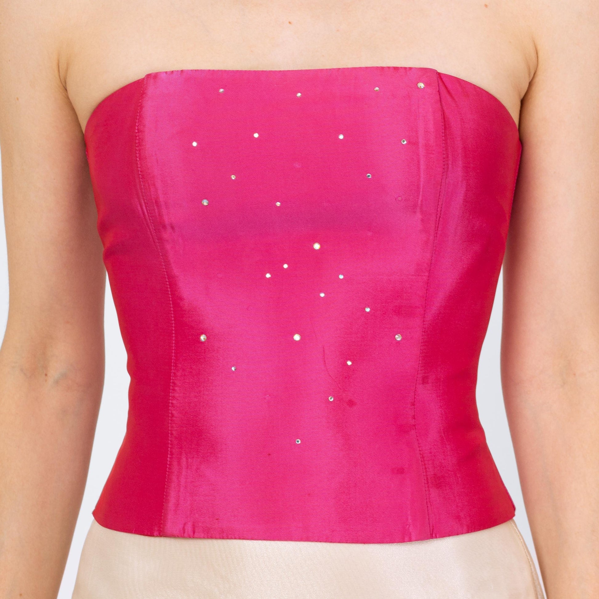 Vintage 90s Gunne Sax Hot Pink Jeweled Satin Bustier - Extra Small | Jessica McClintock Strapless Corset Top