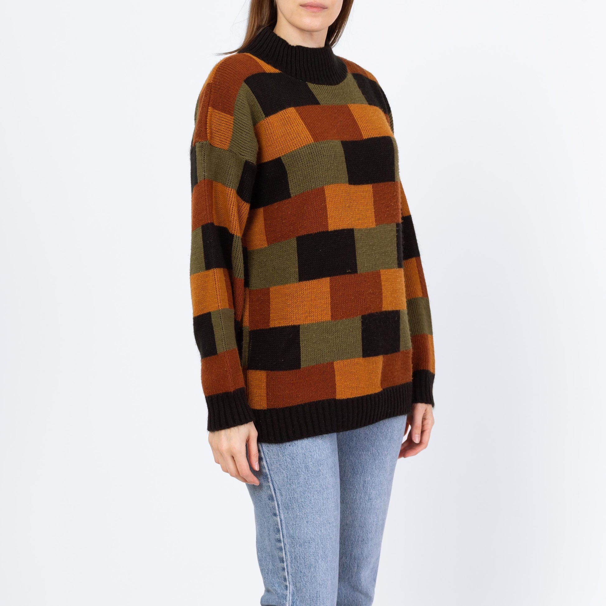 Vintage 80s Earth Tone Brick Pattern Knit Sweater - Men's Small | Slouchy Pullover Crew Neck Sweater