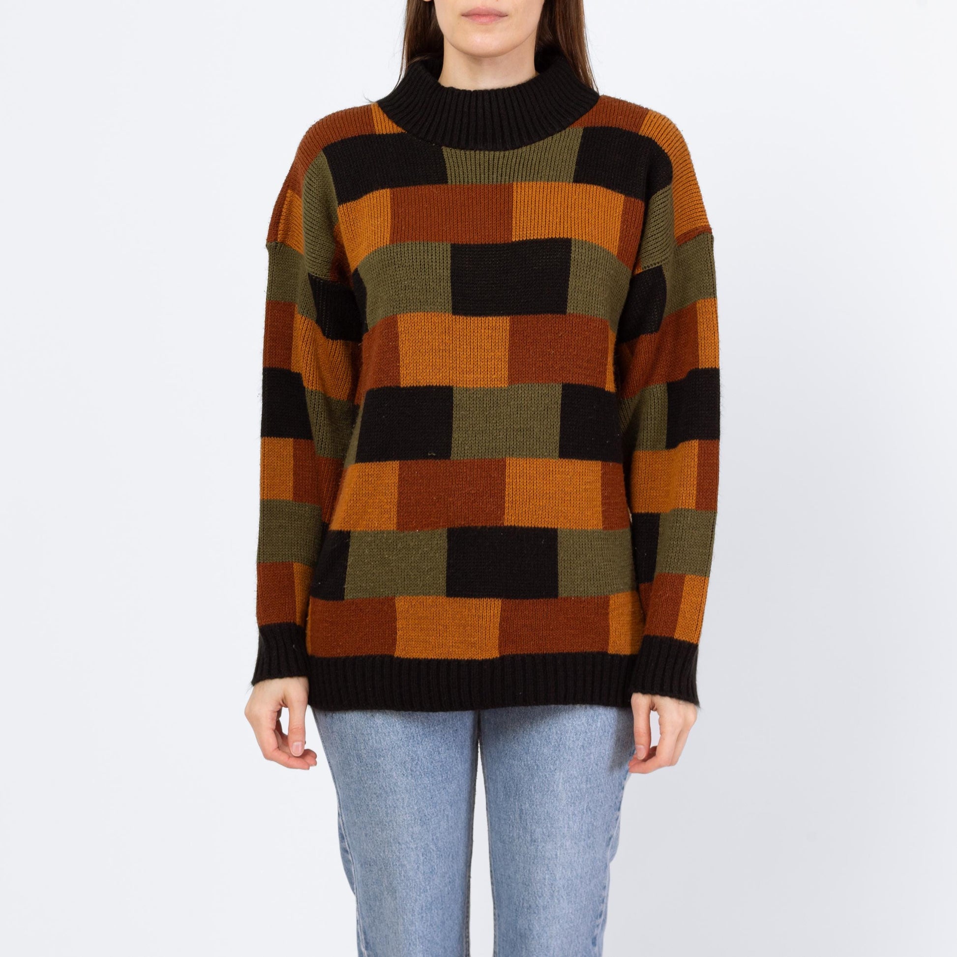 Vintage 80s Earth Tone Brick Pattern Knit Sweater - Men's Small | Slouchy Pullover Crew Neck Sweater