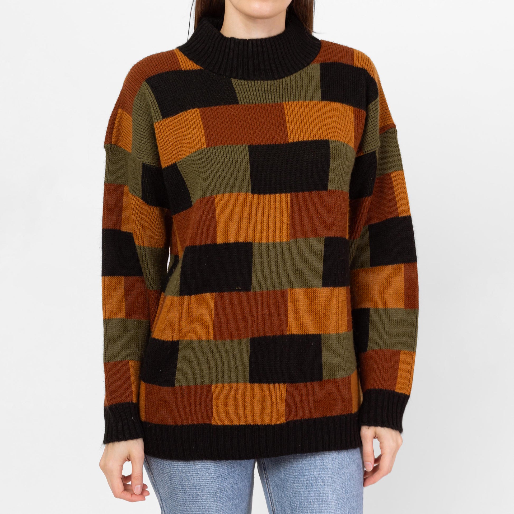 Vintage 80s Earth Tone Brick Pattern Knit Sweater - Men's Small | Slouchy Pullover Crew Neck Sweater