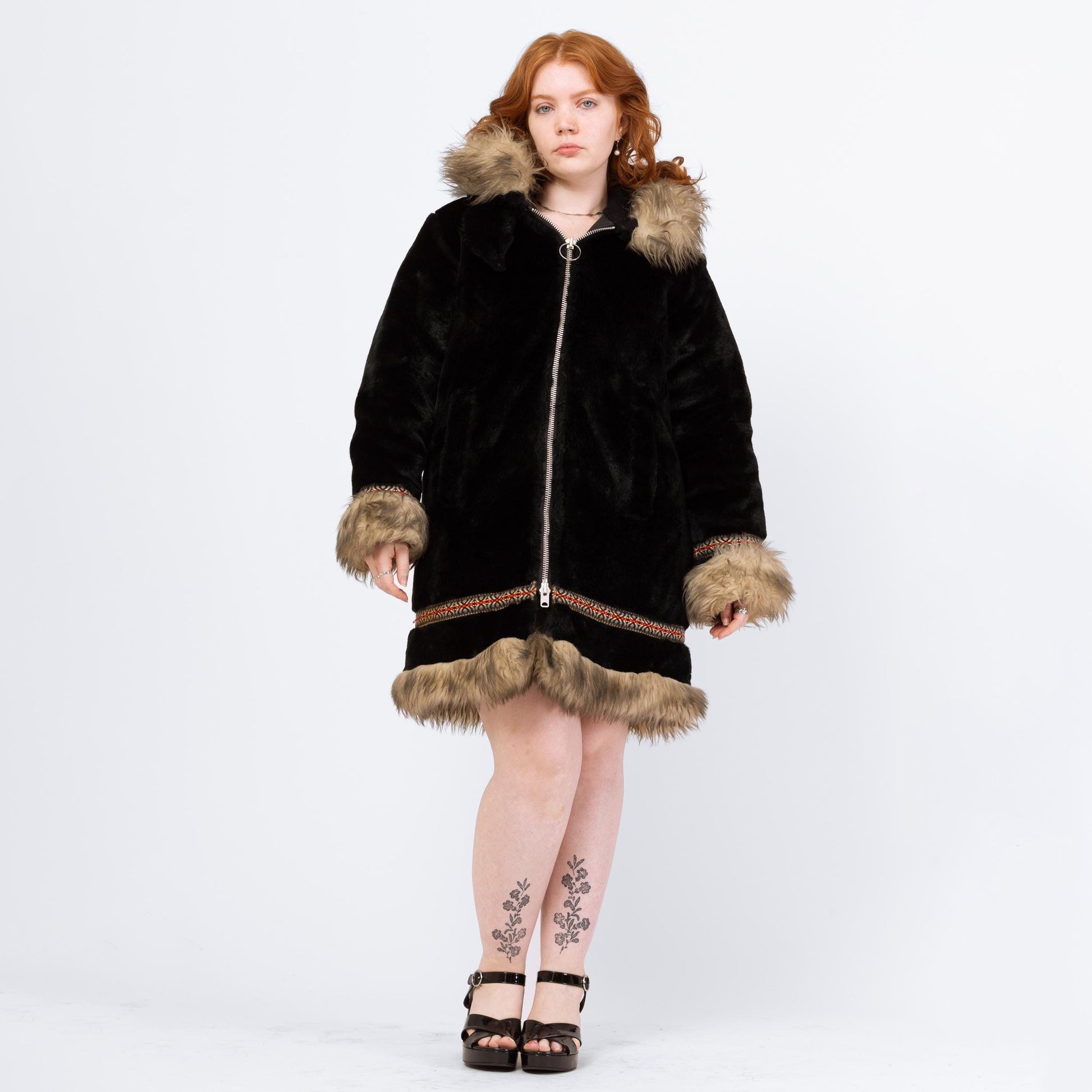 Vintage 70s Stearns Black Plush Shearling Trim Coat - Medium | Boho Zip Up Hooded Parka Jacket
