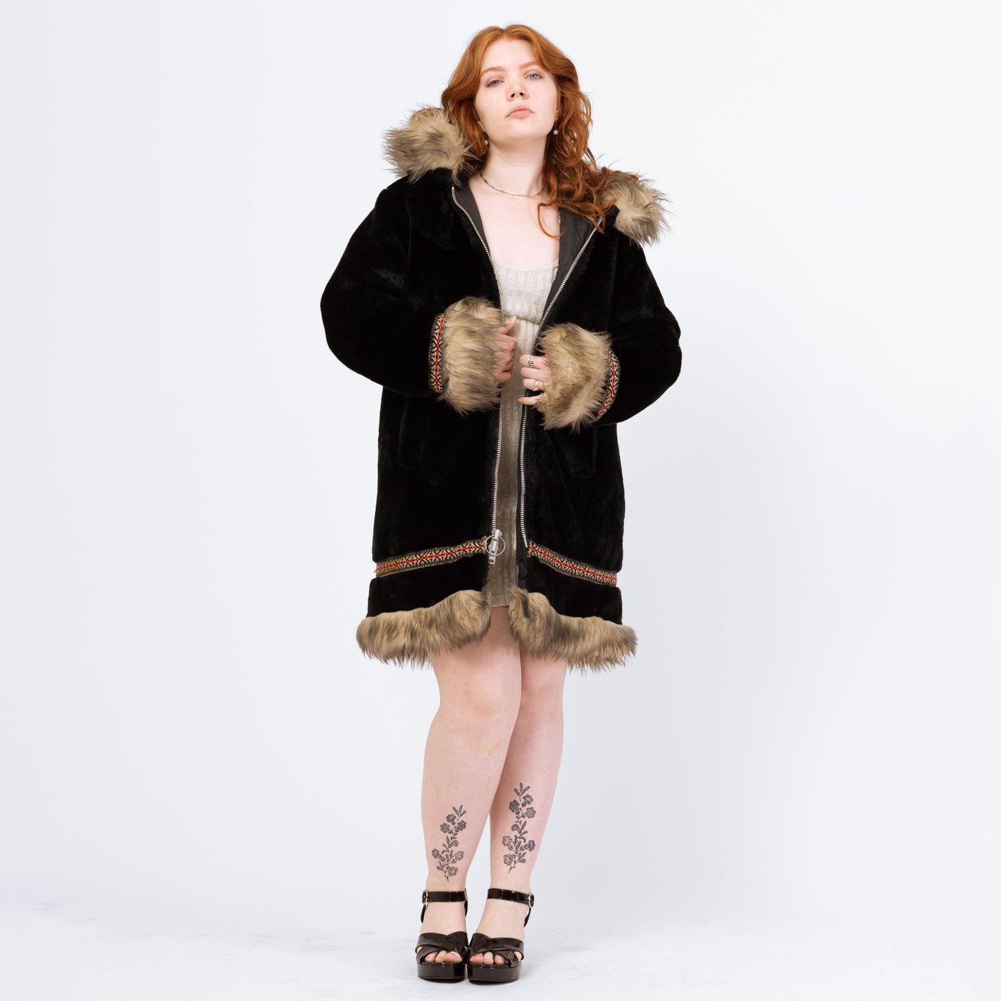 Vintage 70s Stearns Black Plush Shearling Trim Coat - Medium | Boho Zip Up Hooded Parka Jacket