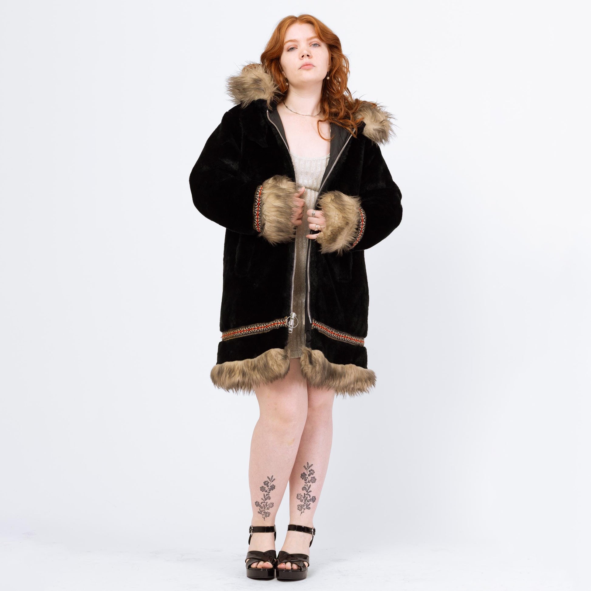 Vintage 70s Stearns Black Plush Shearling Trim Coat - Medium | Boho Zip Up Hooded Parka Jacket